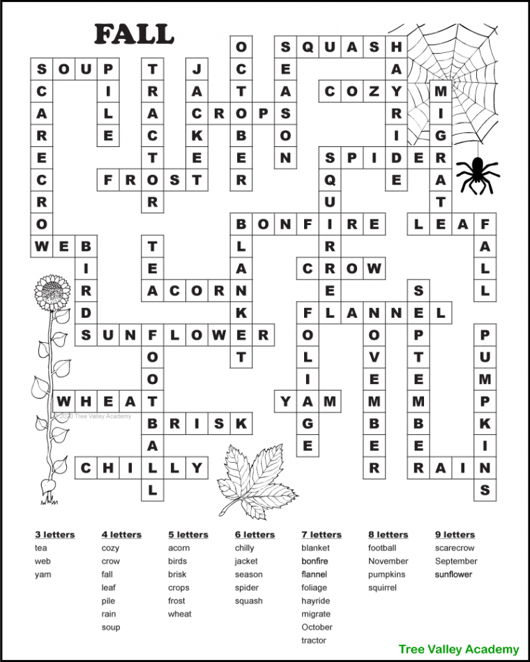 Free Printable Autumn / Fall Word Fill In Puzzles - Tree Valley