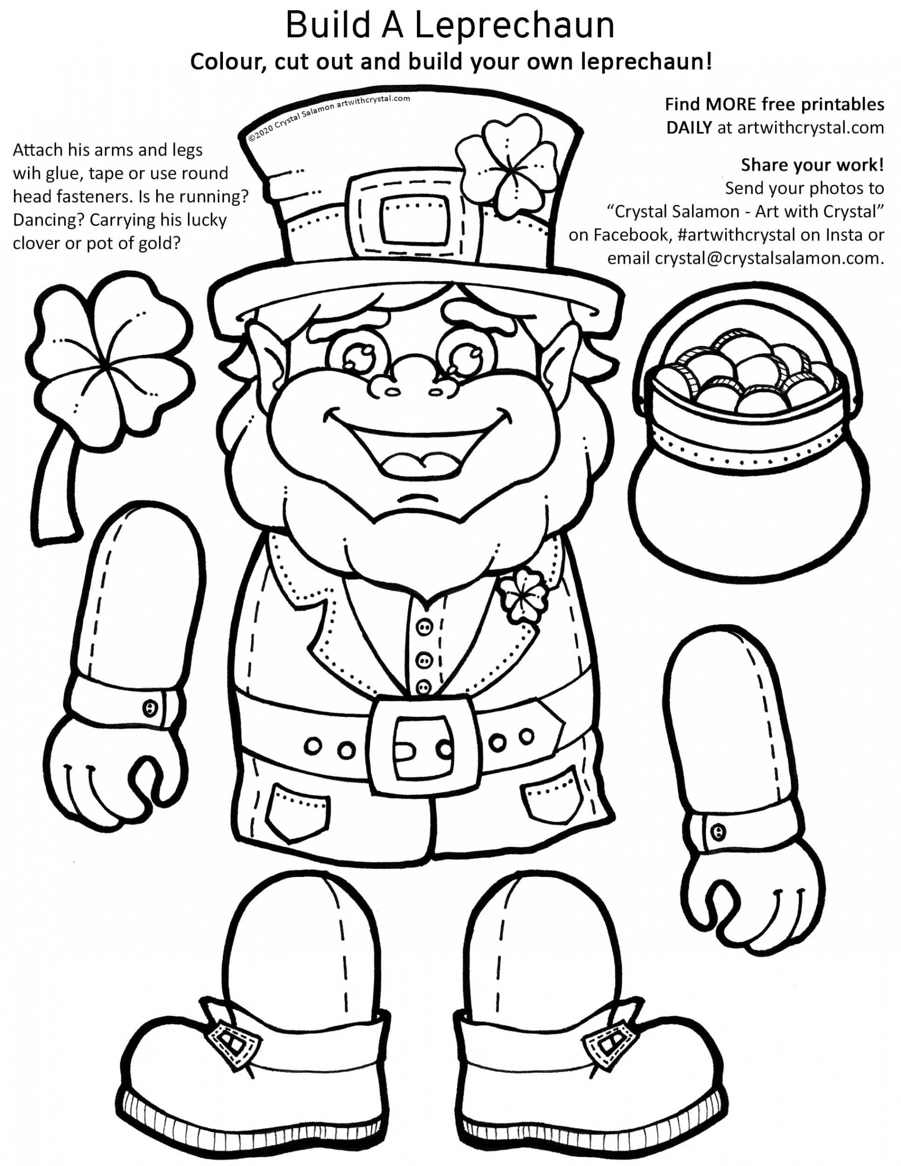 Free printable - Build a Leprechaun colouring page  Art With Crystal