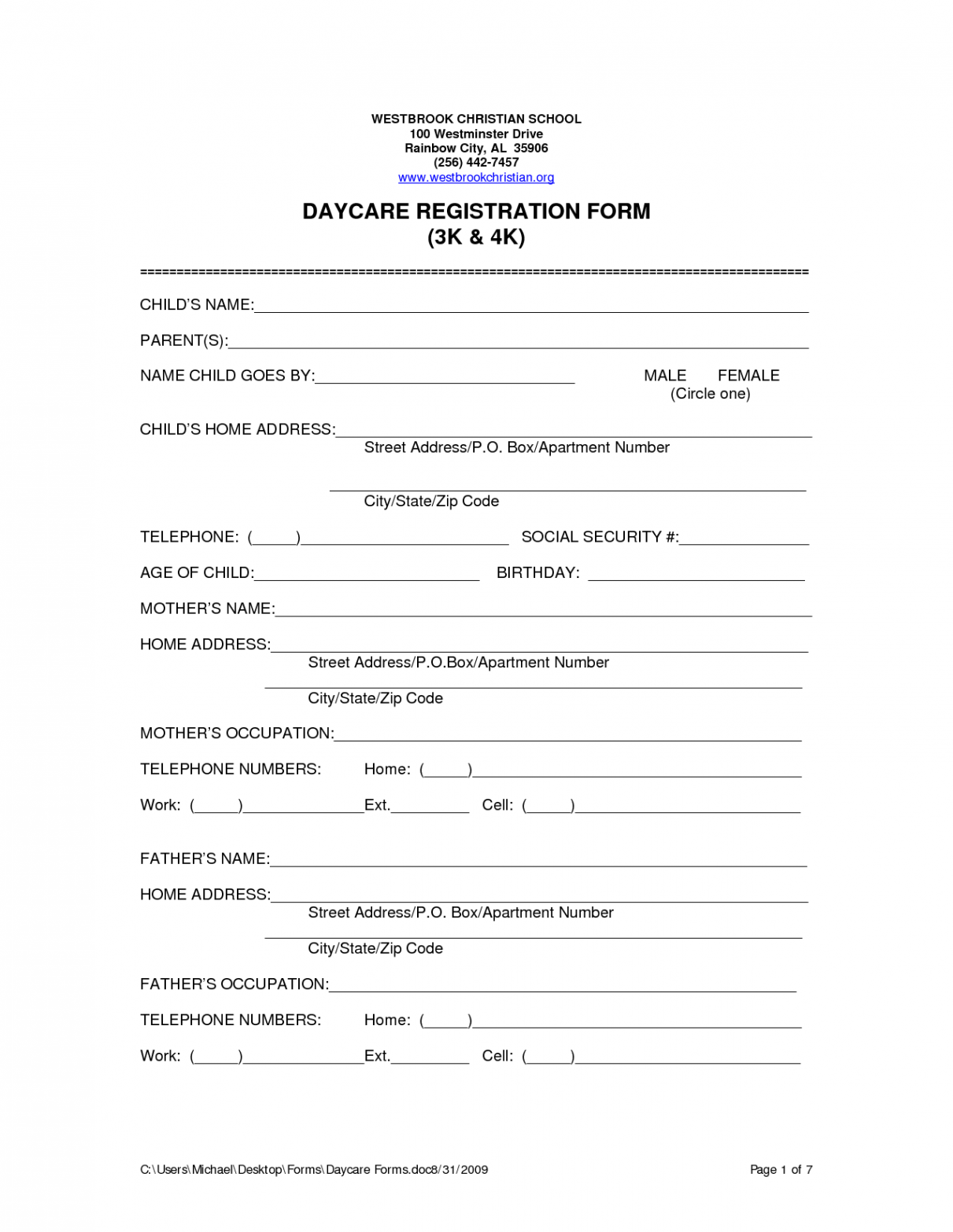 Free Printable Home Daycare Forms  Daycare forms, Daycare