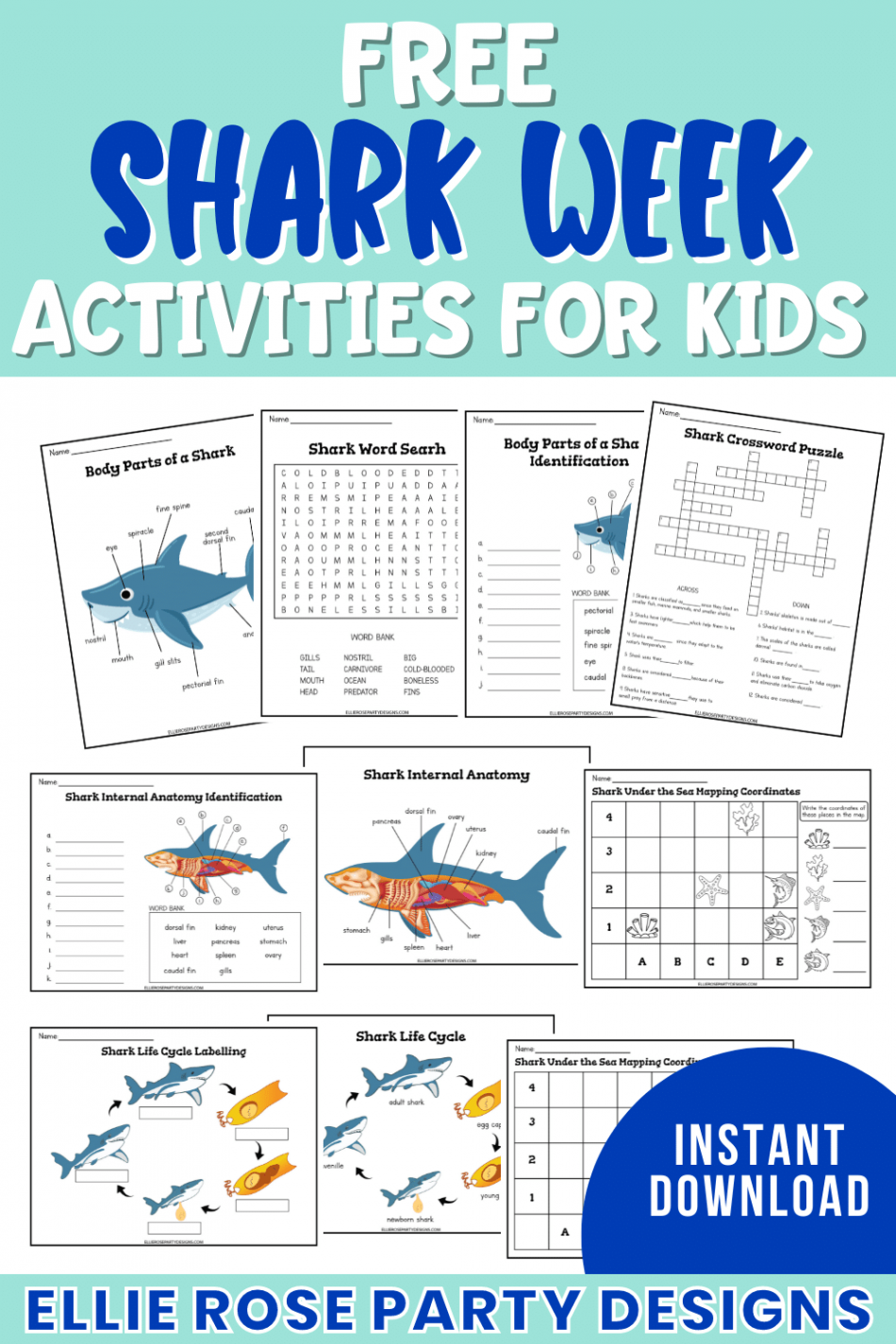 Free Printable Shark Worksheets  Ellierosepartydesigns