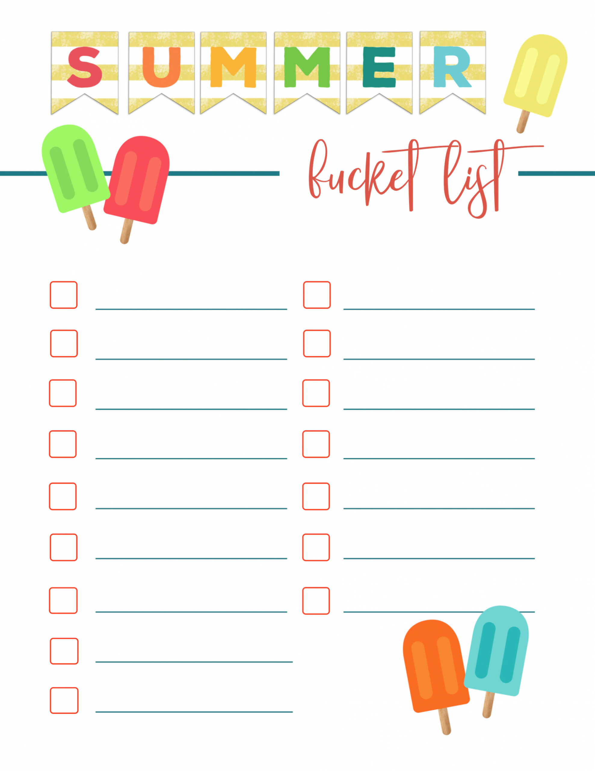 Free Printable Summer Bucket List Ideas Template - Paper Trail Design