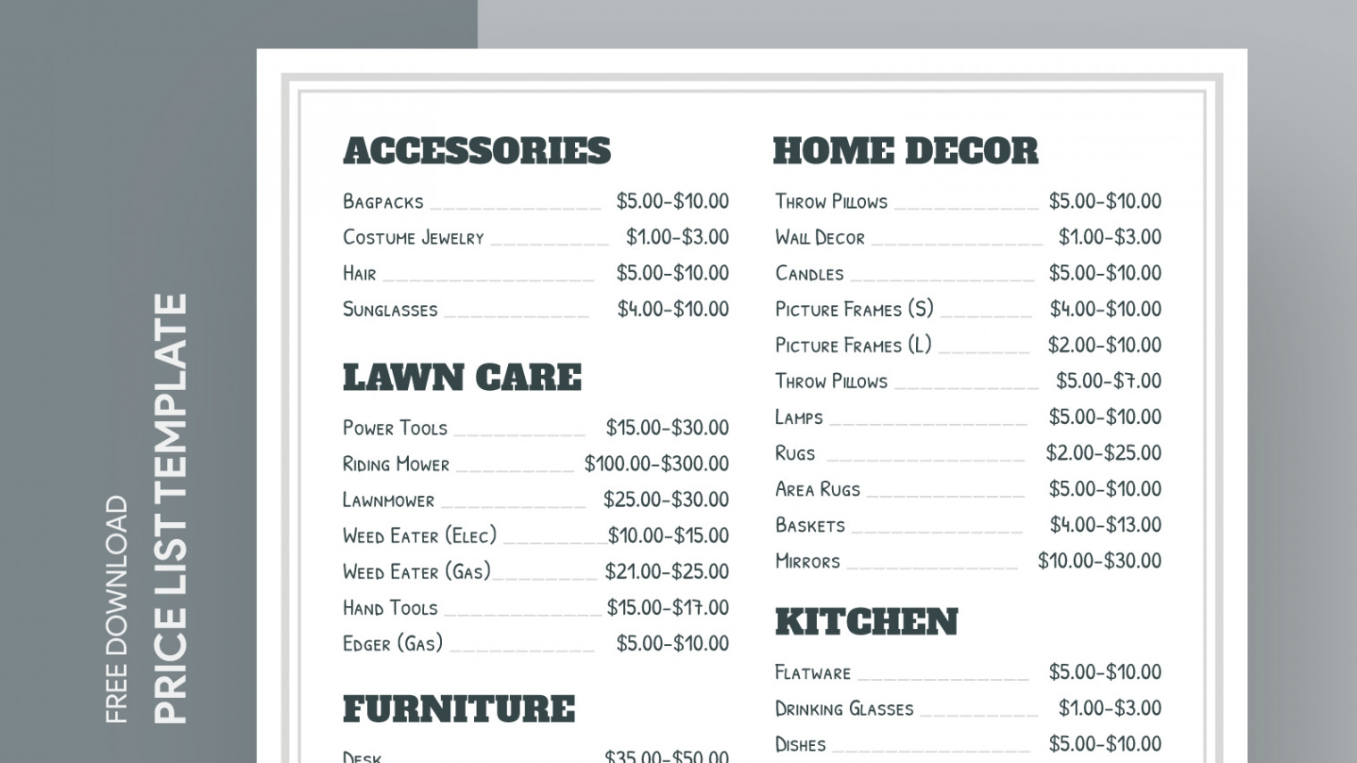 Garage Sale Price List Free Google Docs Template - gdoc