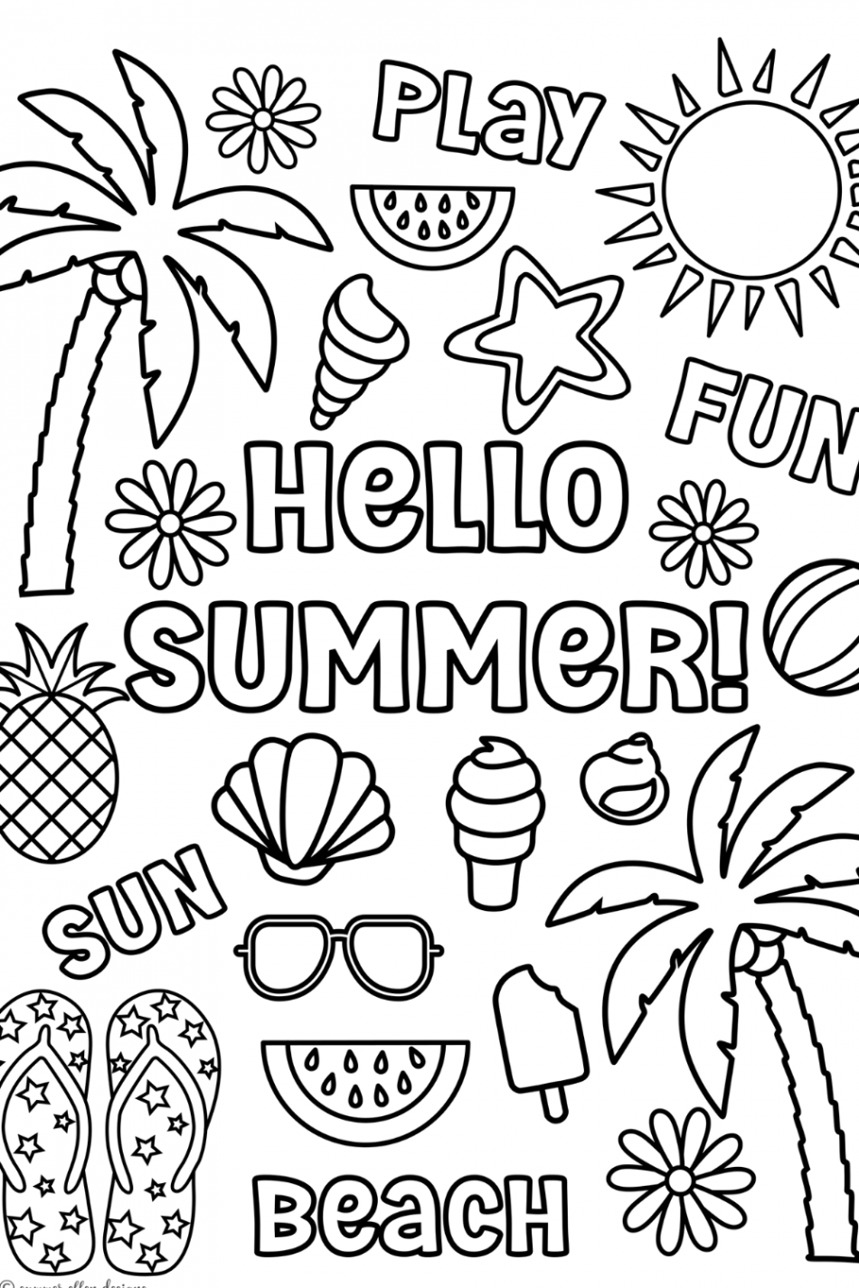 Hello Summer Printable Page Summer Vacation Coloring Kids - Etsy