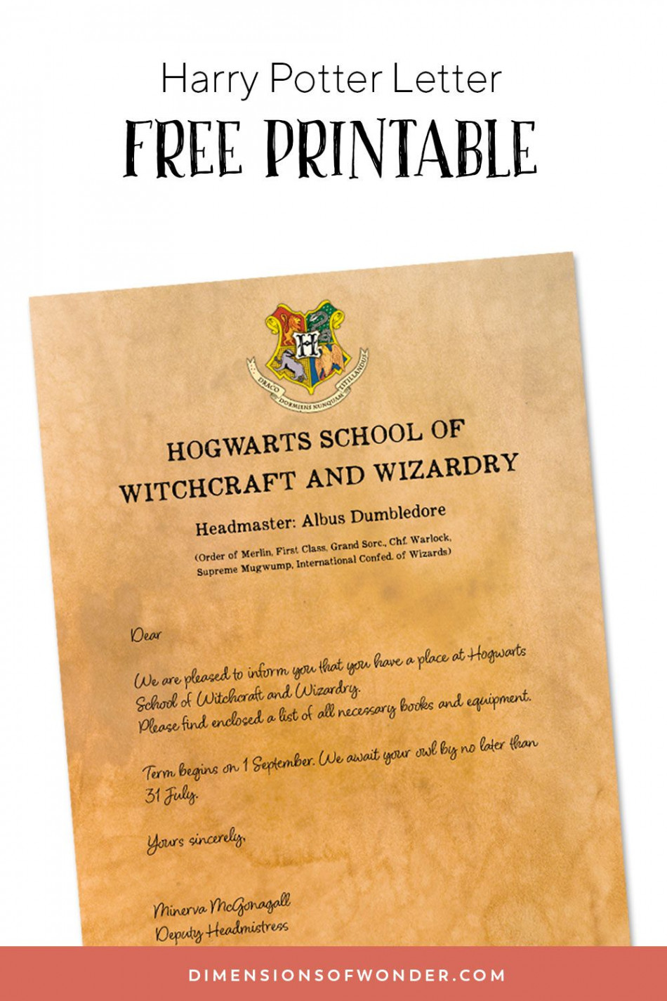 Hogwarts Acceptance Letter Template Free Printable (Front + Back