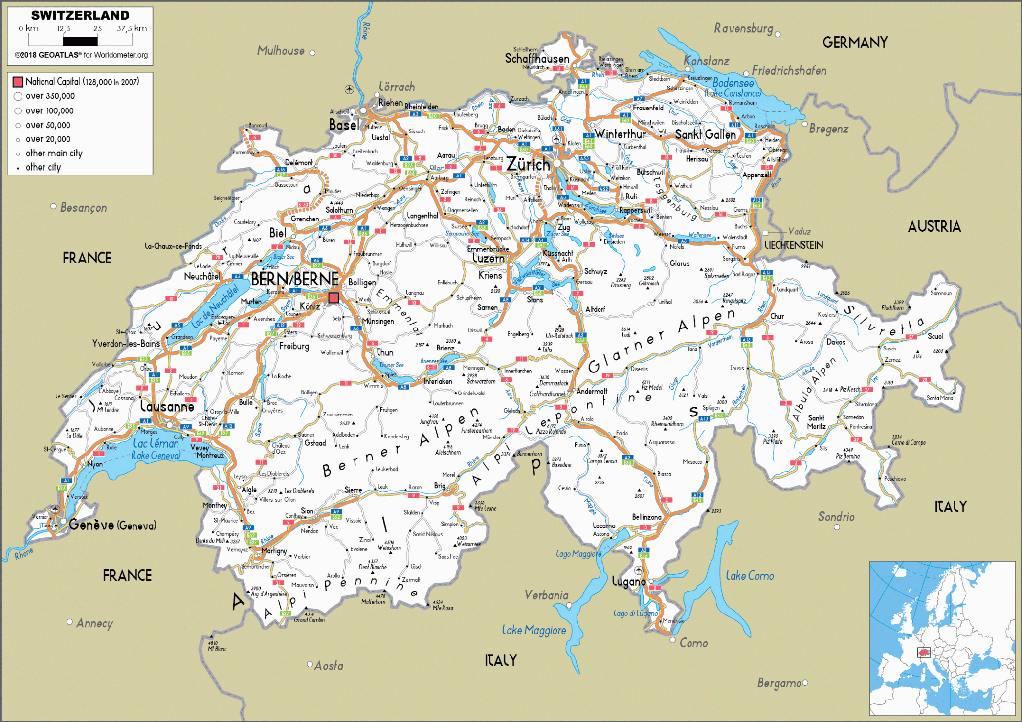 Large size Road Map of Switzerland - Worldometer