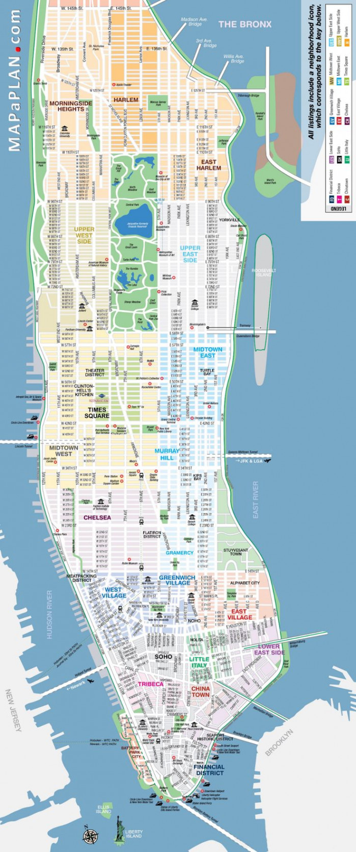 Manhattan streets and avenues must-see places - New York map  New