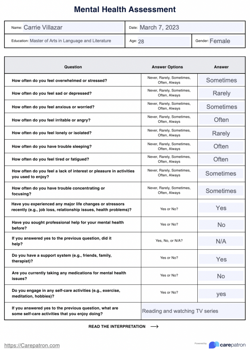 Mental Health Assessment & Example  Free PDF Download