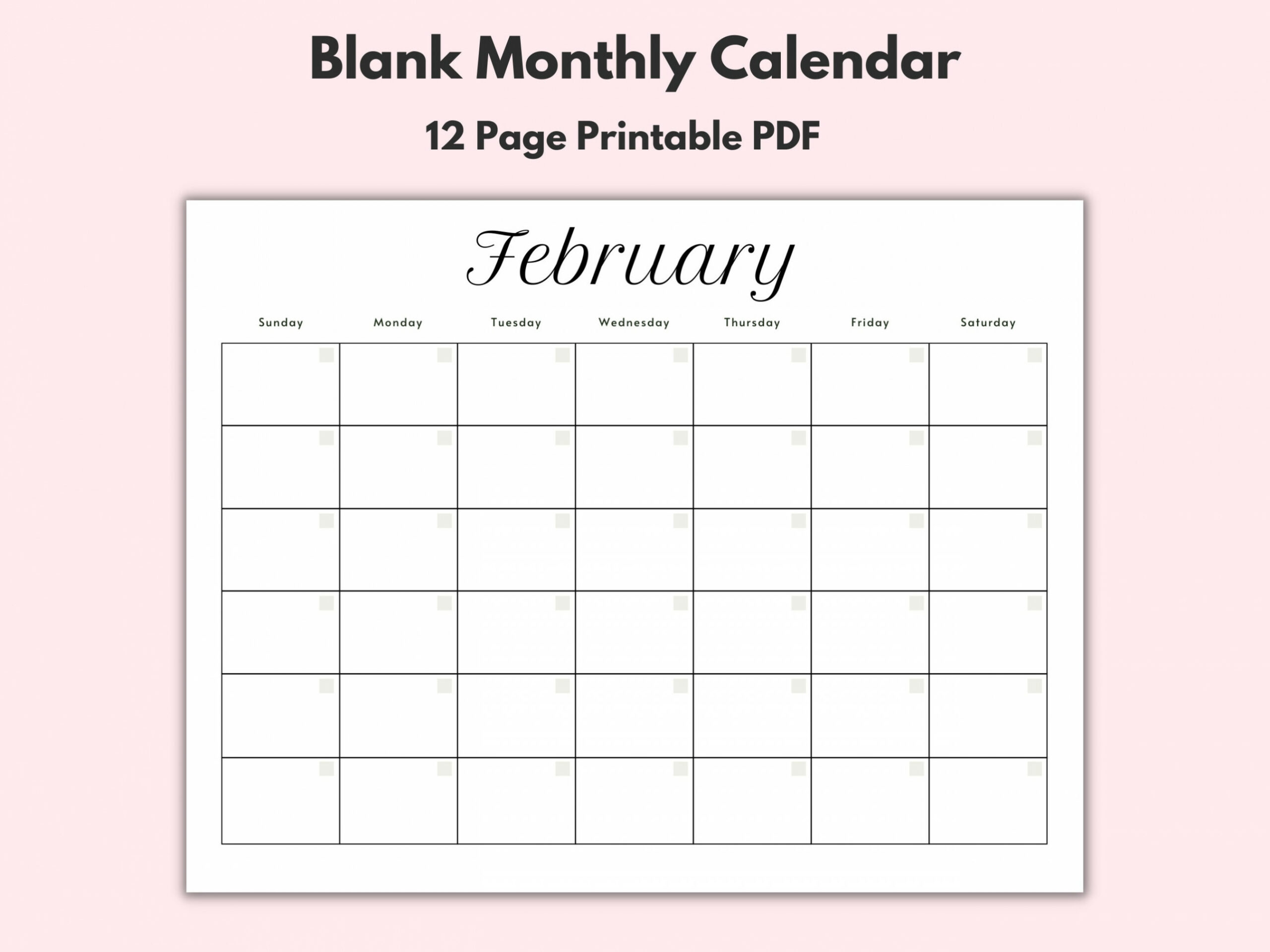 Monthly Blank Calendar, Printable Calendar Template, Horizontal