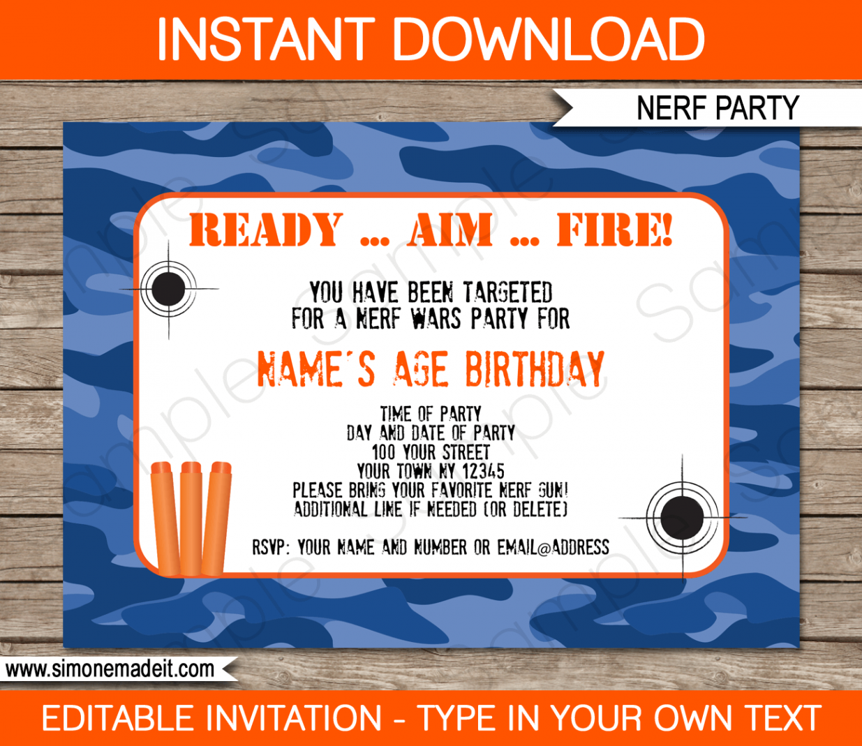 Nerf Party Invitations Template - blue camo