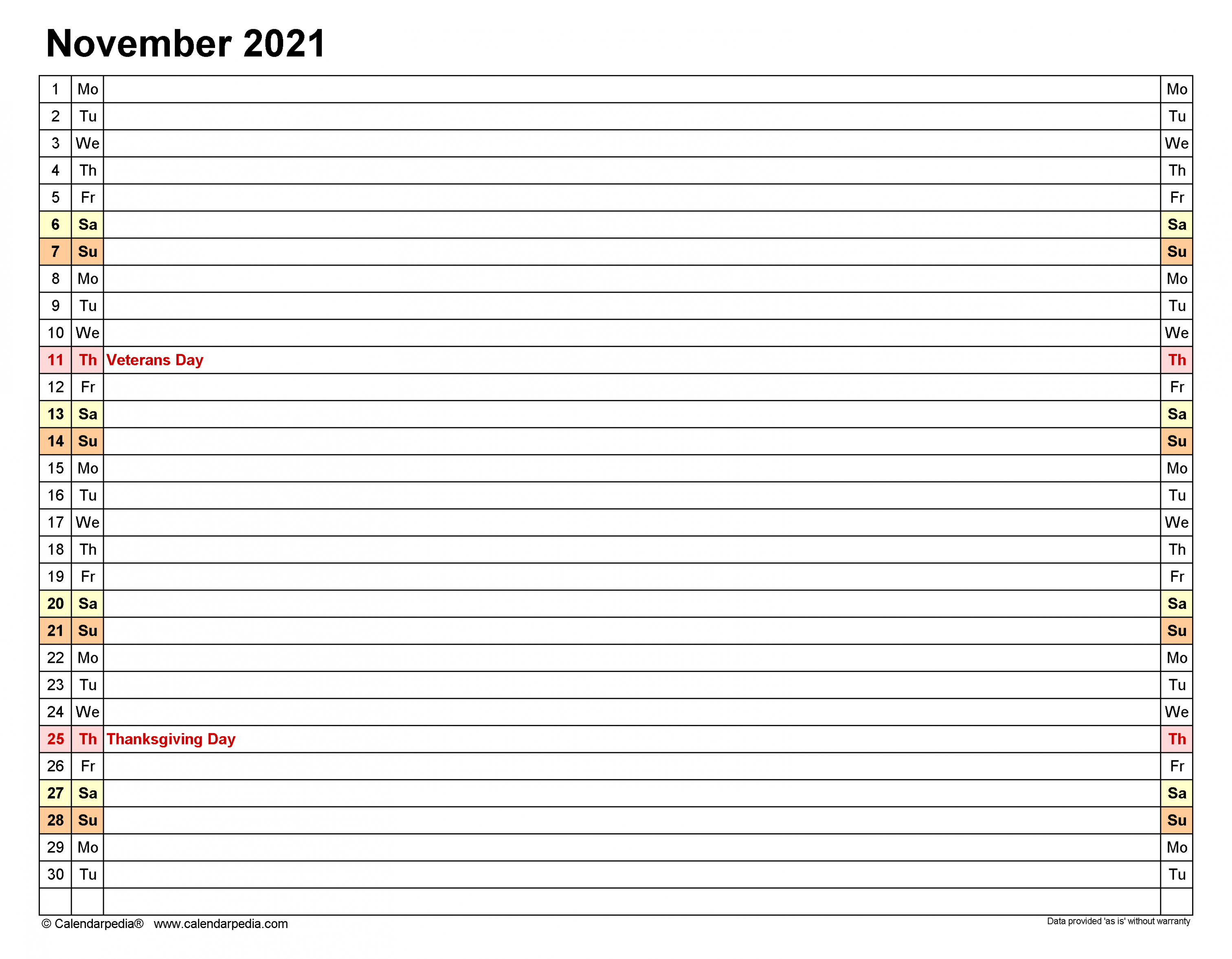 November  Calendar  Templates for Word, Excel and PDF