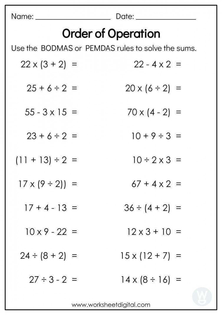 Order of Operation W - Worksheet Digital