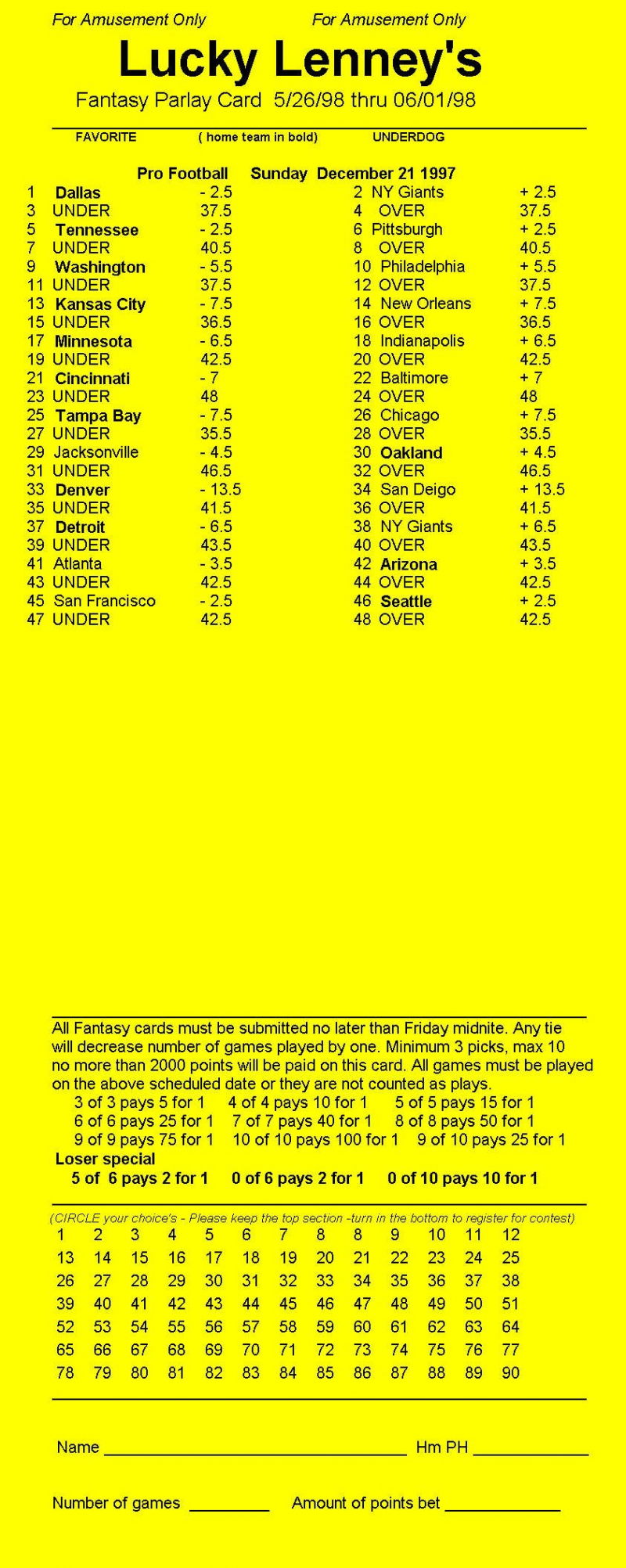 Parlay Card Designer Sample Printout for Football Betting Card