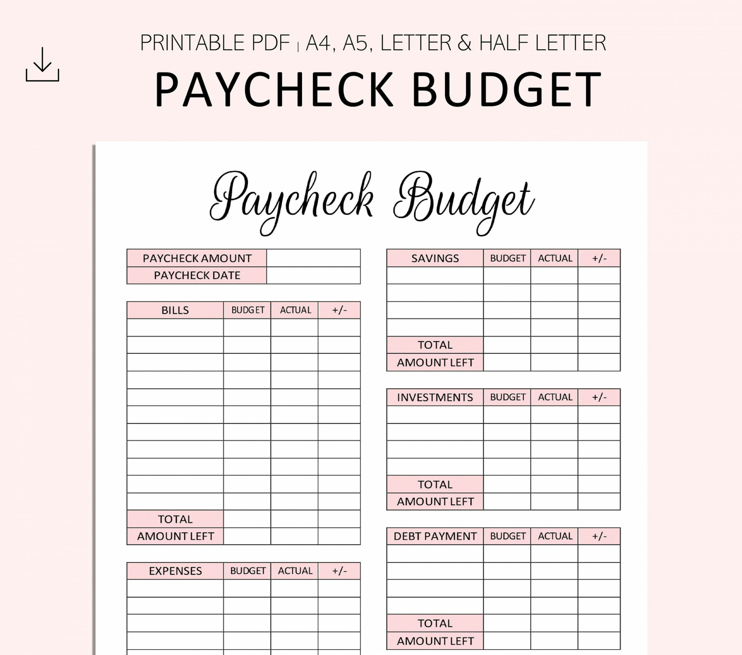 Paycheck Budget Printable PDF A A Buchstabe Halbbrief - Etsy