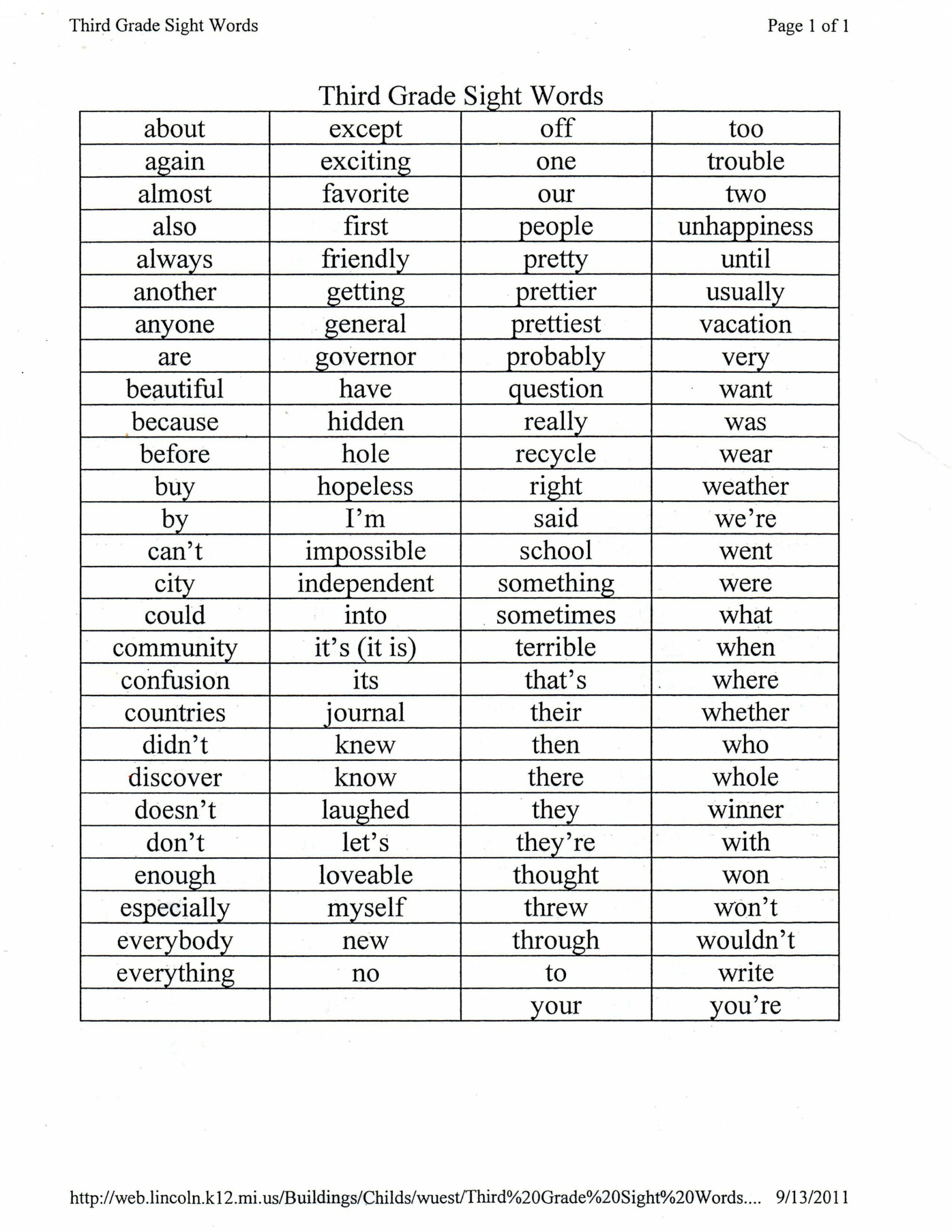 Pics Photos - Third Grade Reading Sight Word List  rd grade