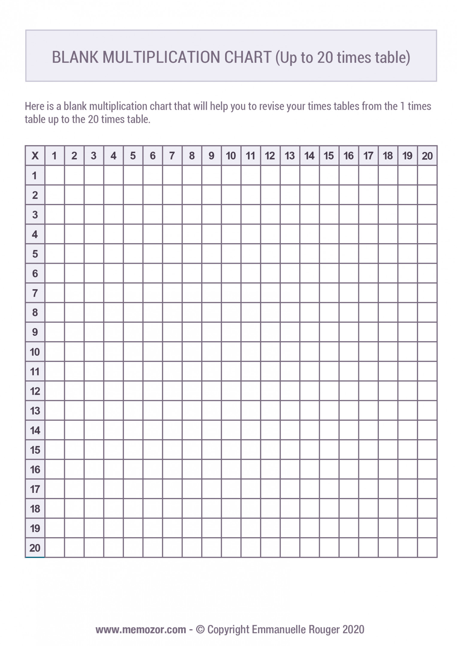 Printable Blank multiplication Chart (-) Free  Memozor