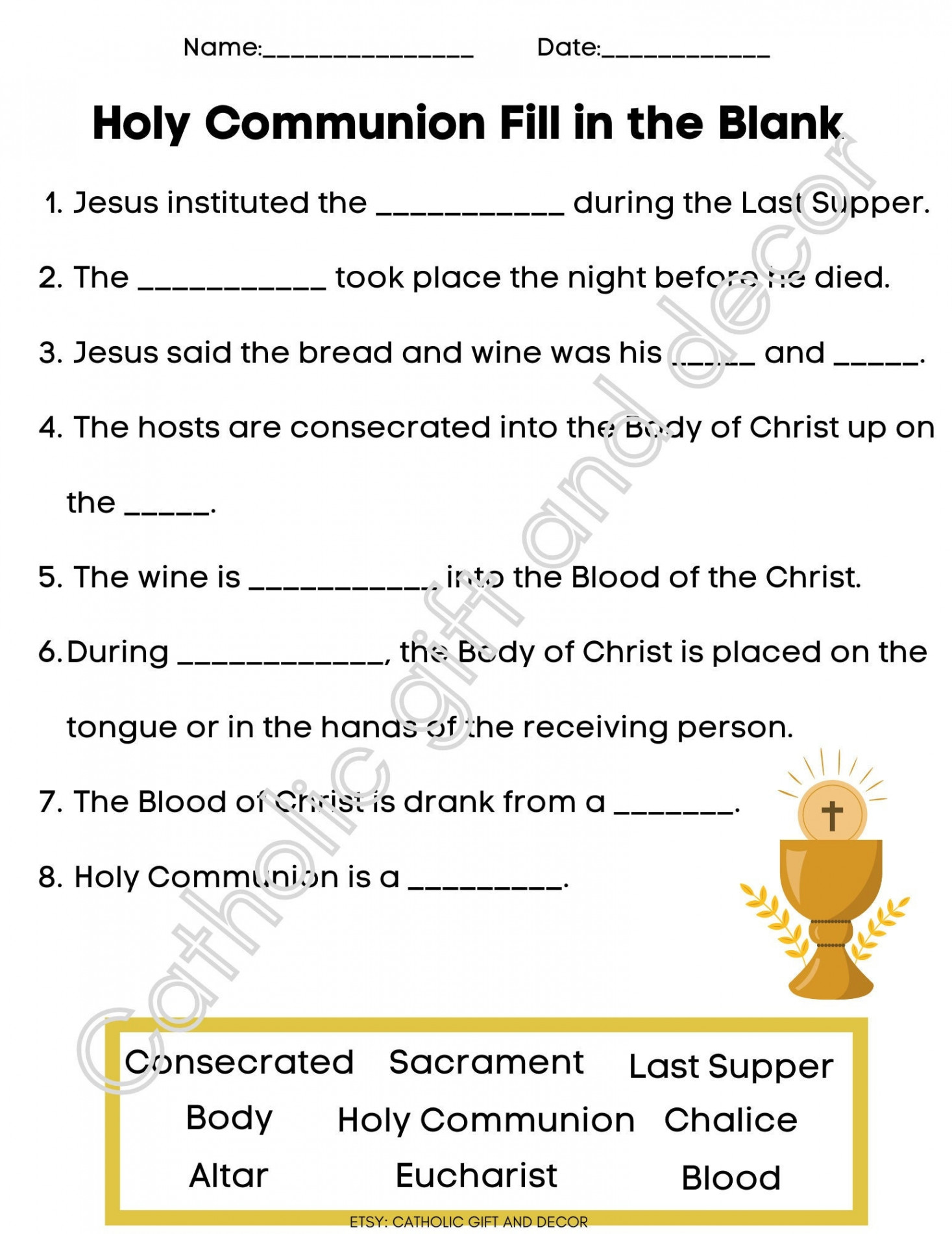 Printable Catholic First Communion Fill in the Blank st Communion