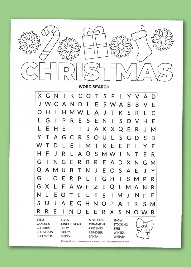 Printable Christmas word search - Chevron Lemon