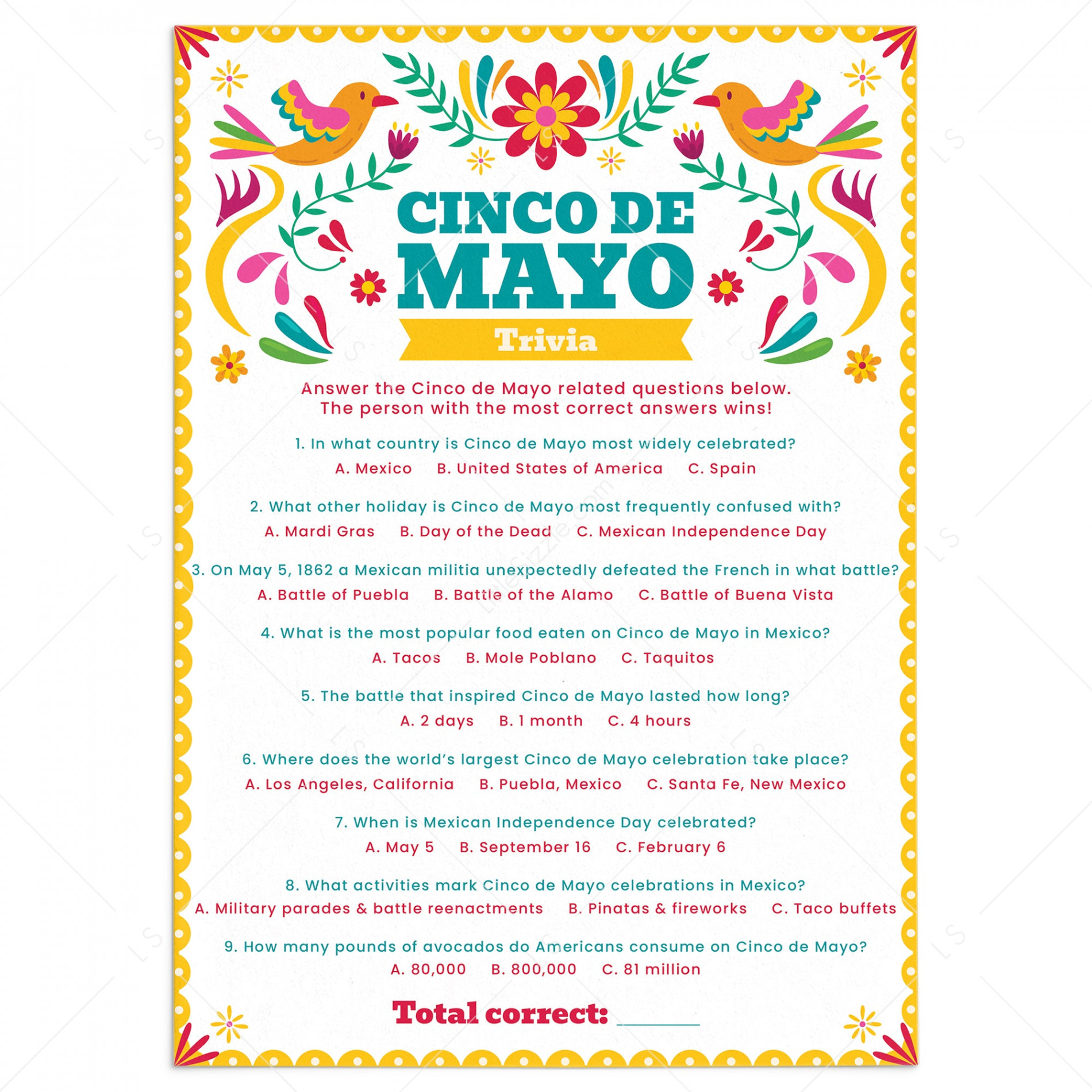 Printable Cinco de Mayo Trivia Game with Answer Key – LittleSizzle