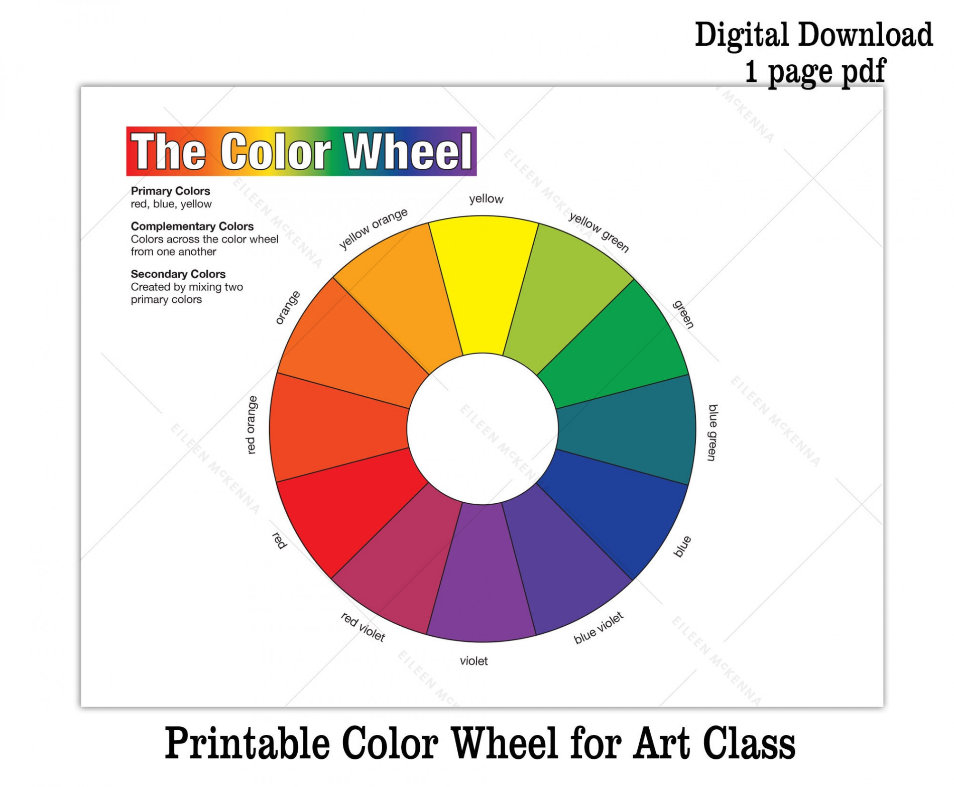 Printable Color Wheel Kids Art Class Teaching Asset Digital