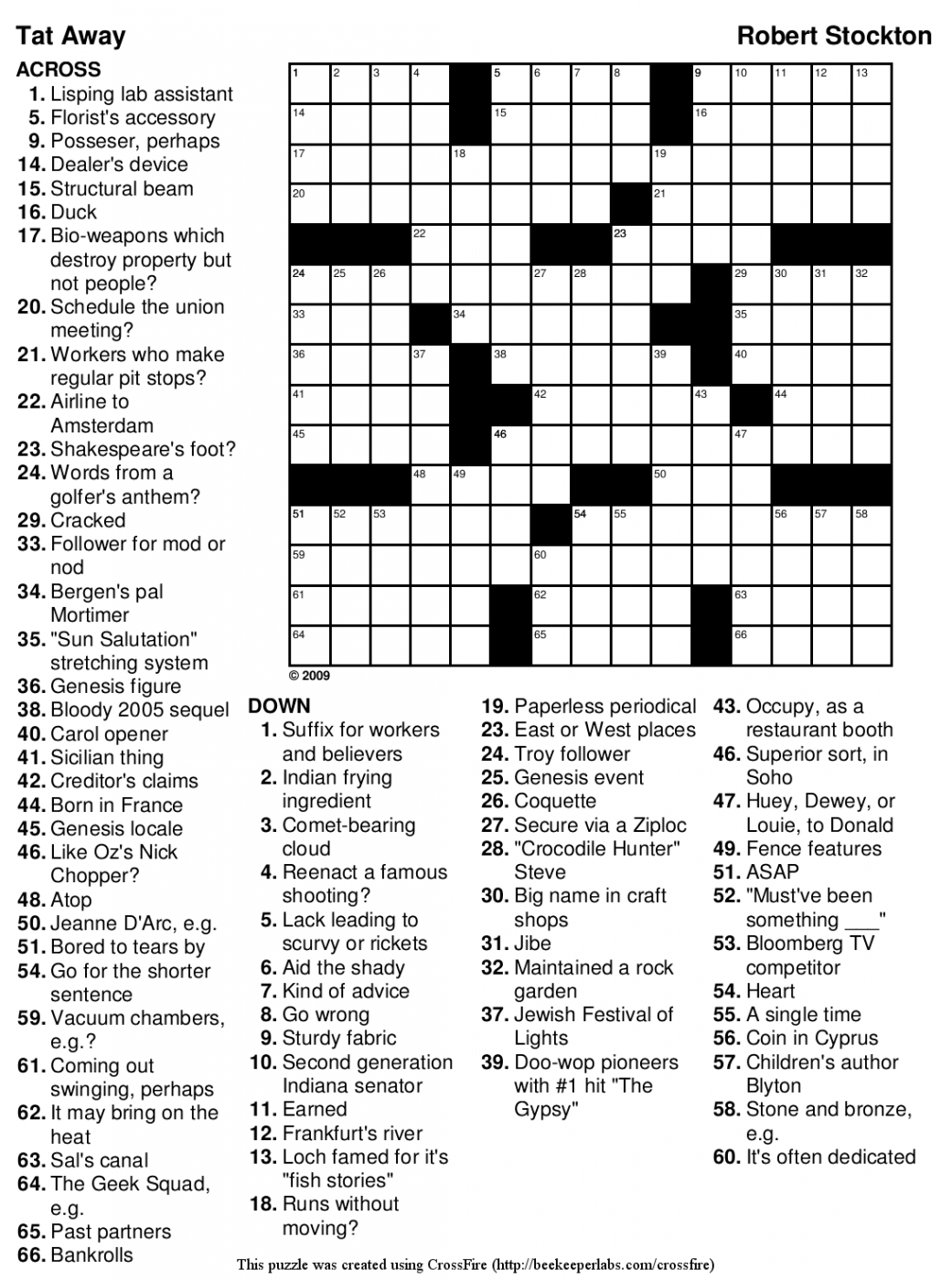 Printable Crossword Puzzle #: "Tat Away"  Beekeeper Crosswords