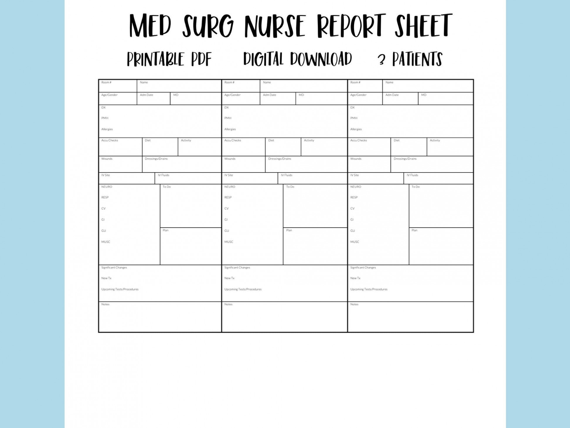 Printable Med Surg Nurse Report Sheet  Patient Nurse Brain - Etsy