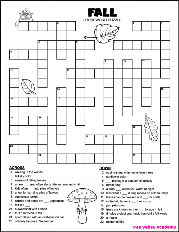 Printable th Grade Fall Crossword Puzzle - Tree Valley Academy