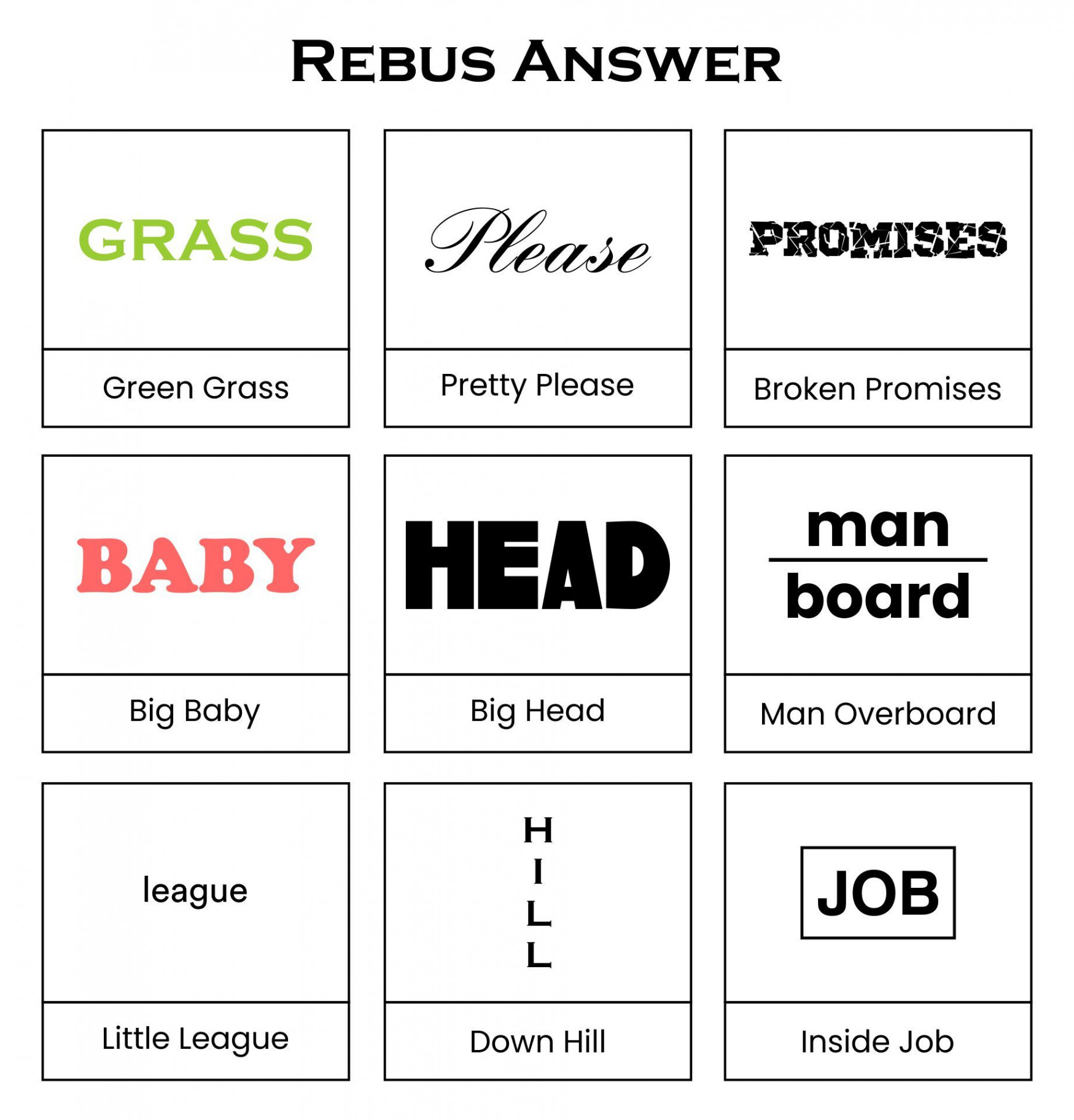 Printable Tricky Rebus Puzzles With Answers  Brain teasers, Word