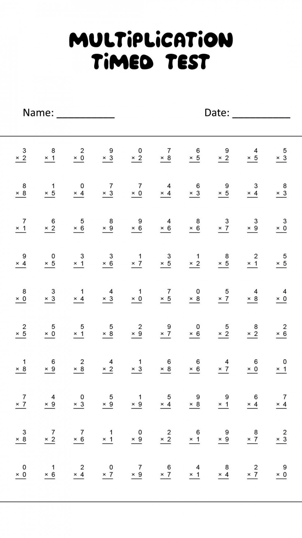 Problem Multiplication Timed Test  Multiplication worksheets