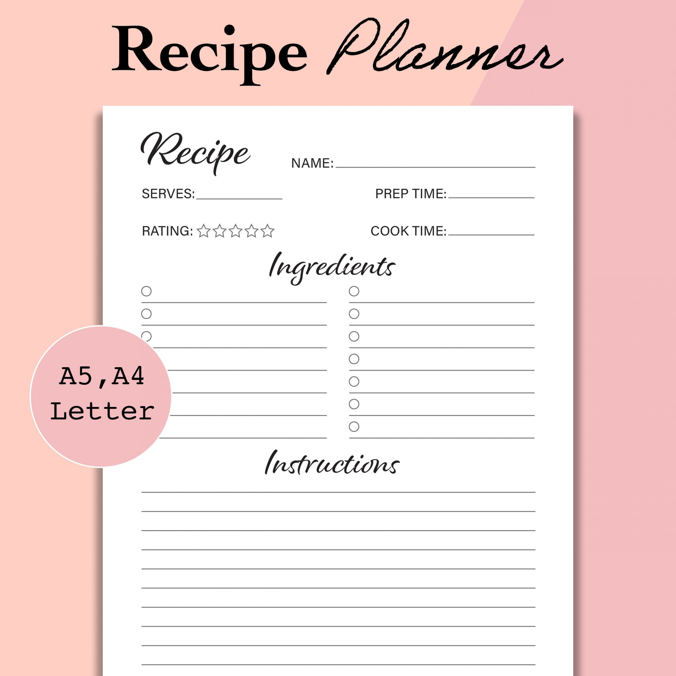 Recipe Printable Page Recipe Template PDF Recipe Planner - Etsy