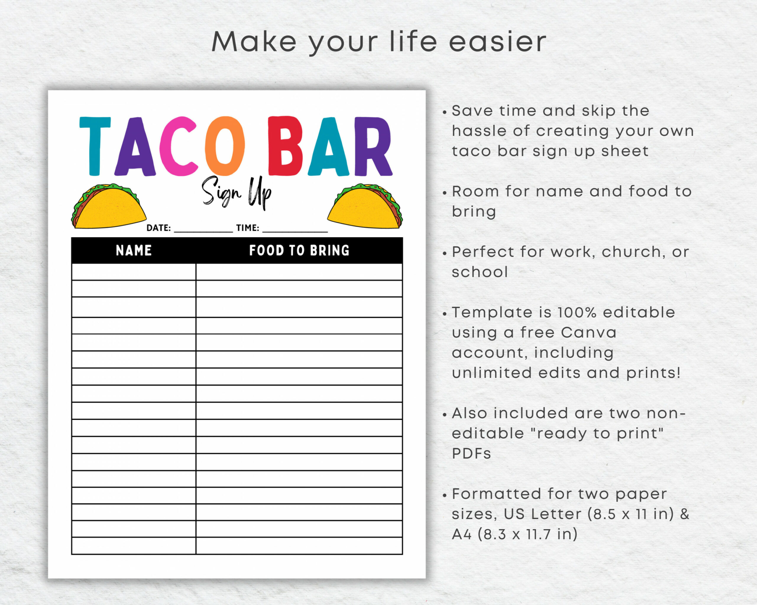 Taco Bar Sign Up Sheet zum Ausdrucken für mexikanische Fiesta