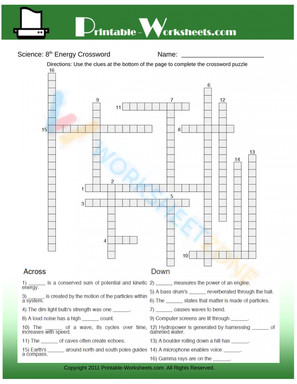 th grade science crosswords  Worksheetzone