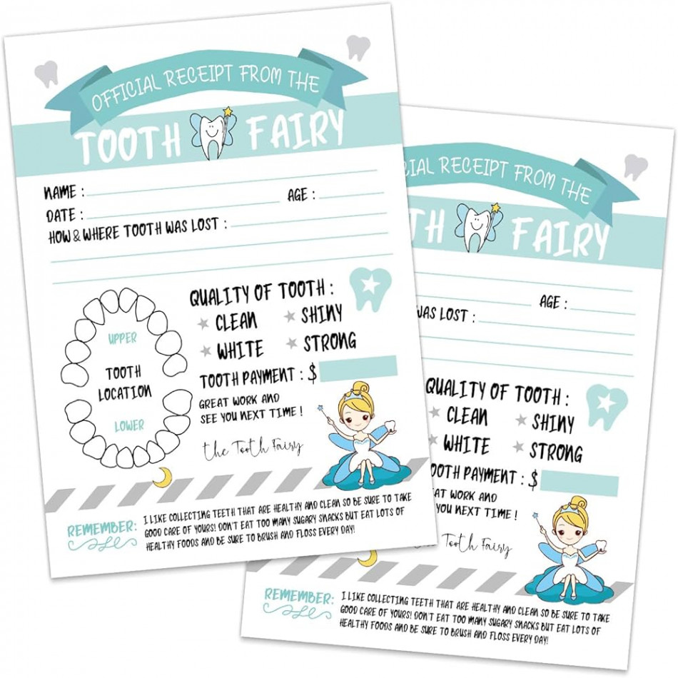 Tooth Fairy Report Cards, Tooth Fairy Paper Certificate for Children,  Official Tooth Fairy Receipt, Cute Adorable Keepsake for Kids, Light Green,