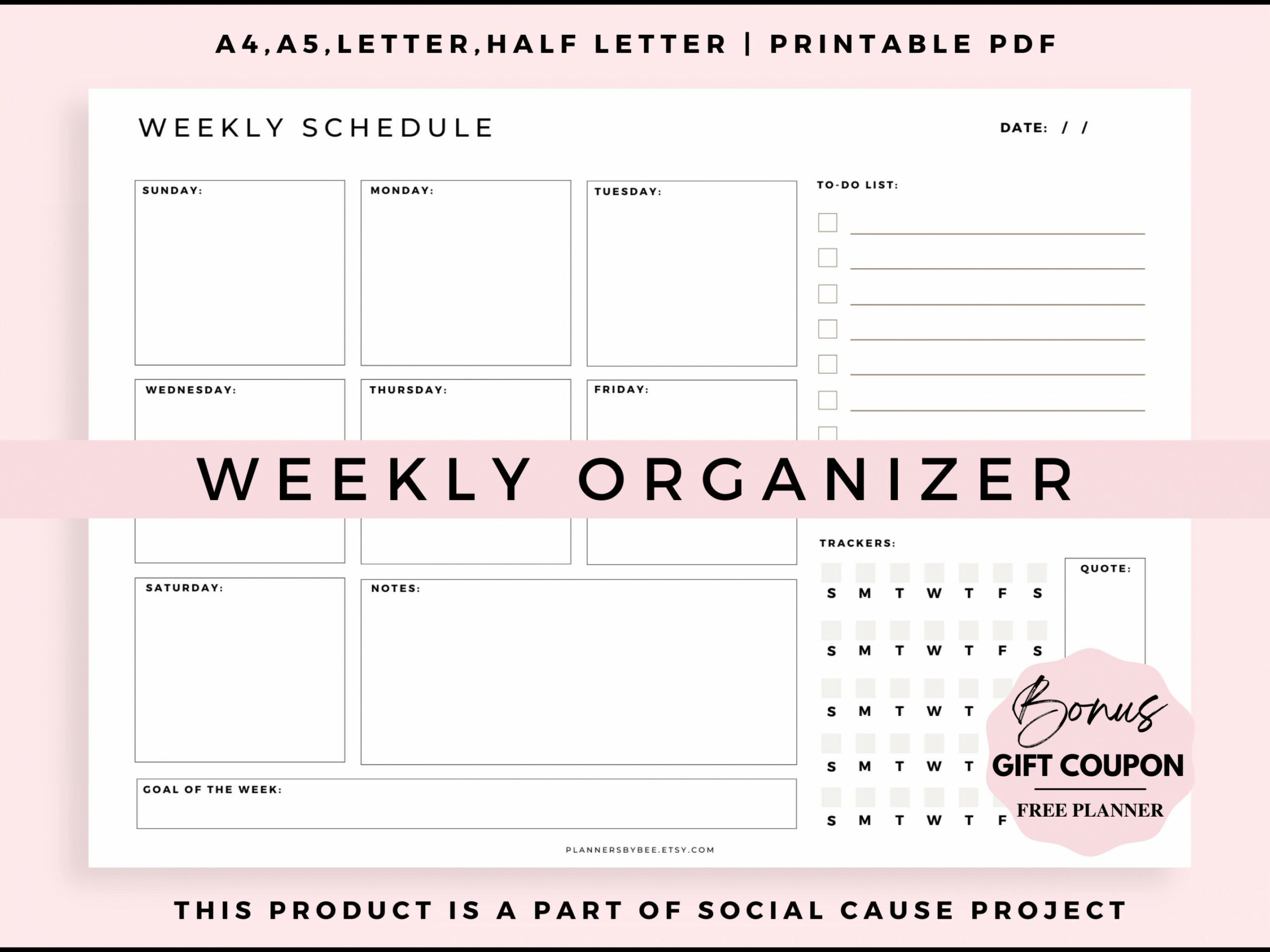 Weekly Planner Template Printable Landscape Minimalist Weekly