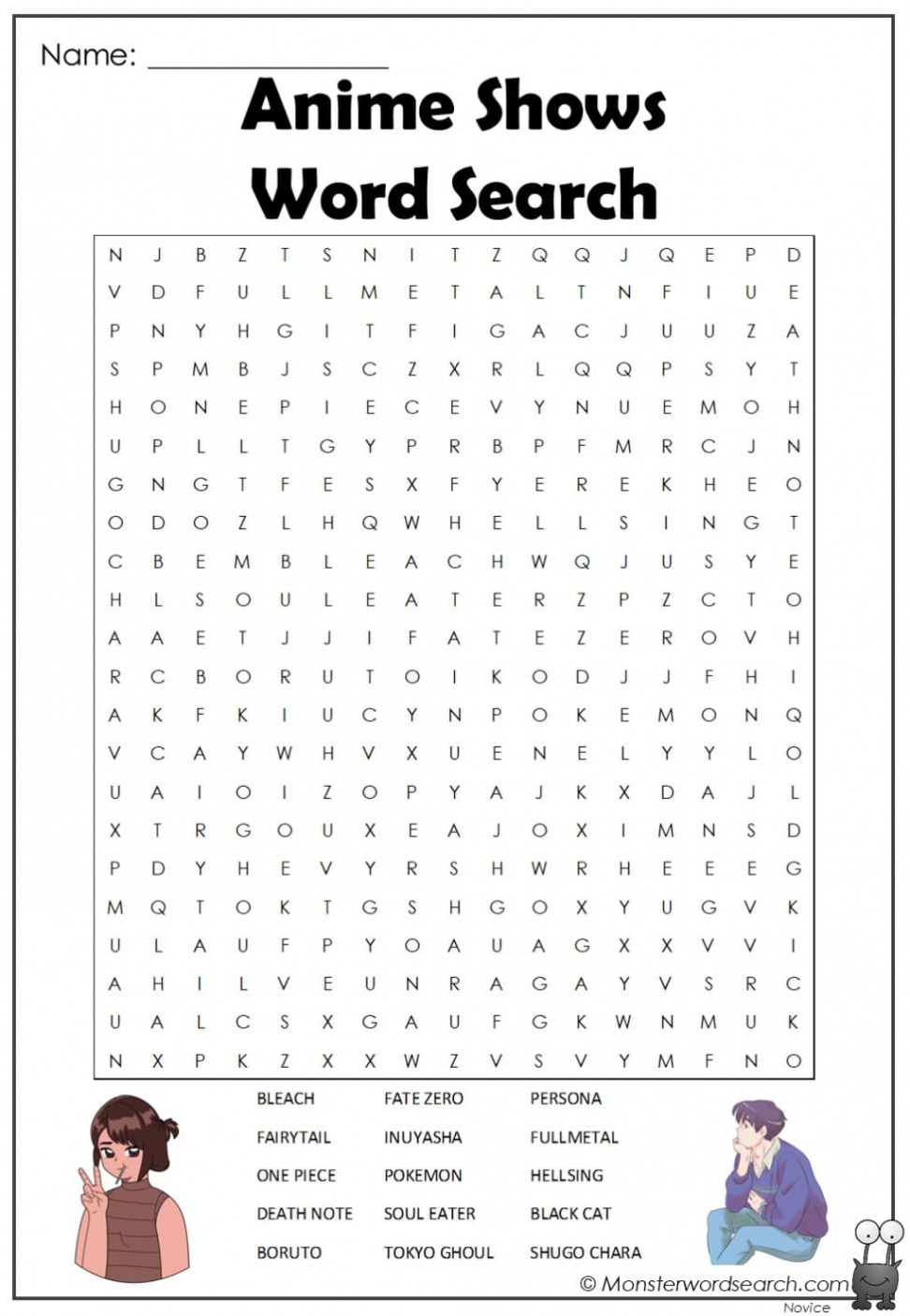 anime shows word search - Monster Word Search