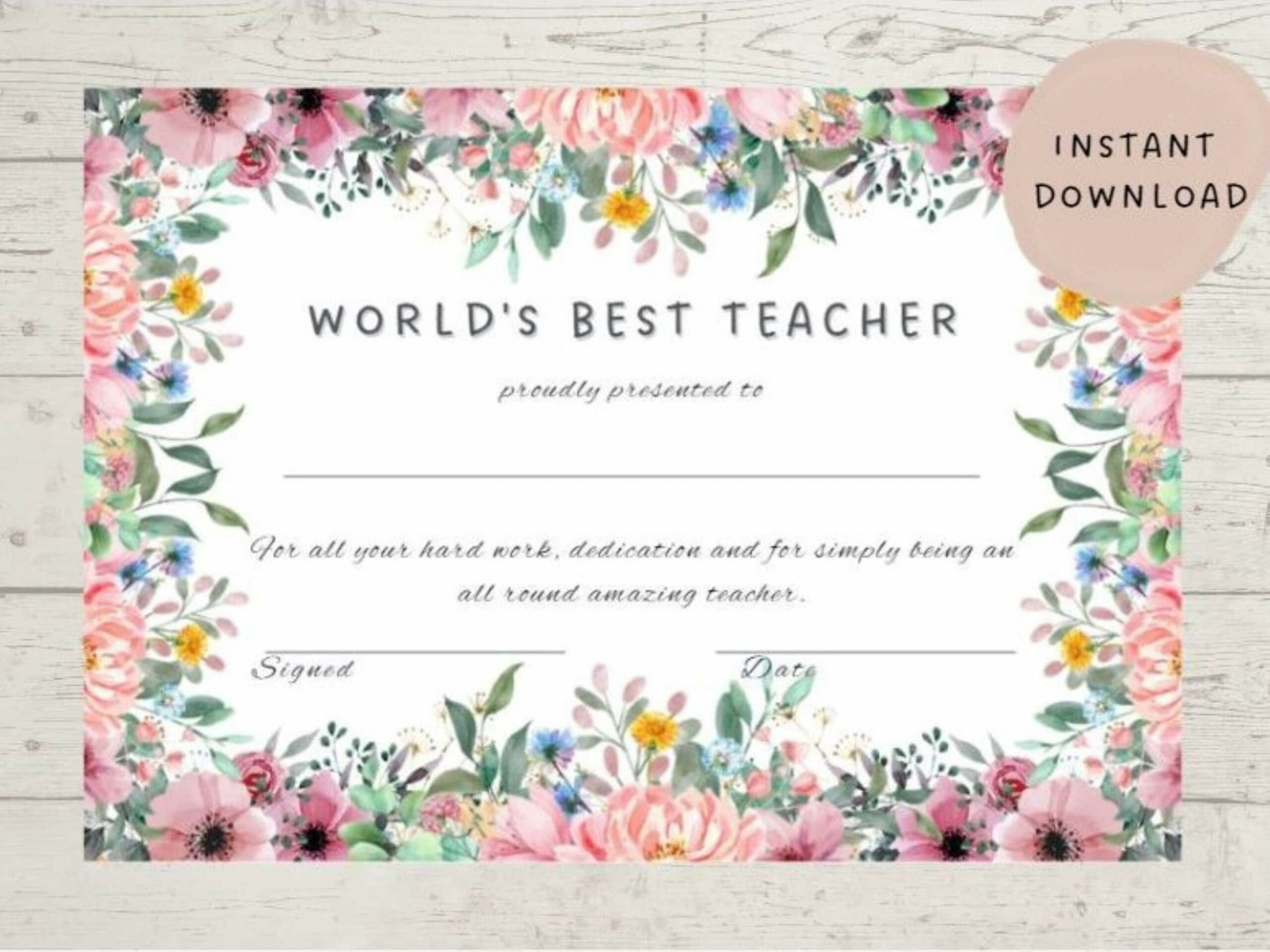 Floral Best Teacher Certificate Template Editable Teacher