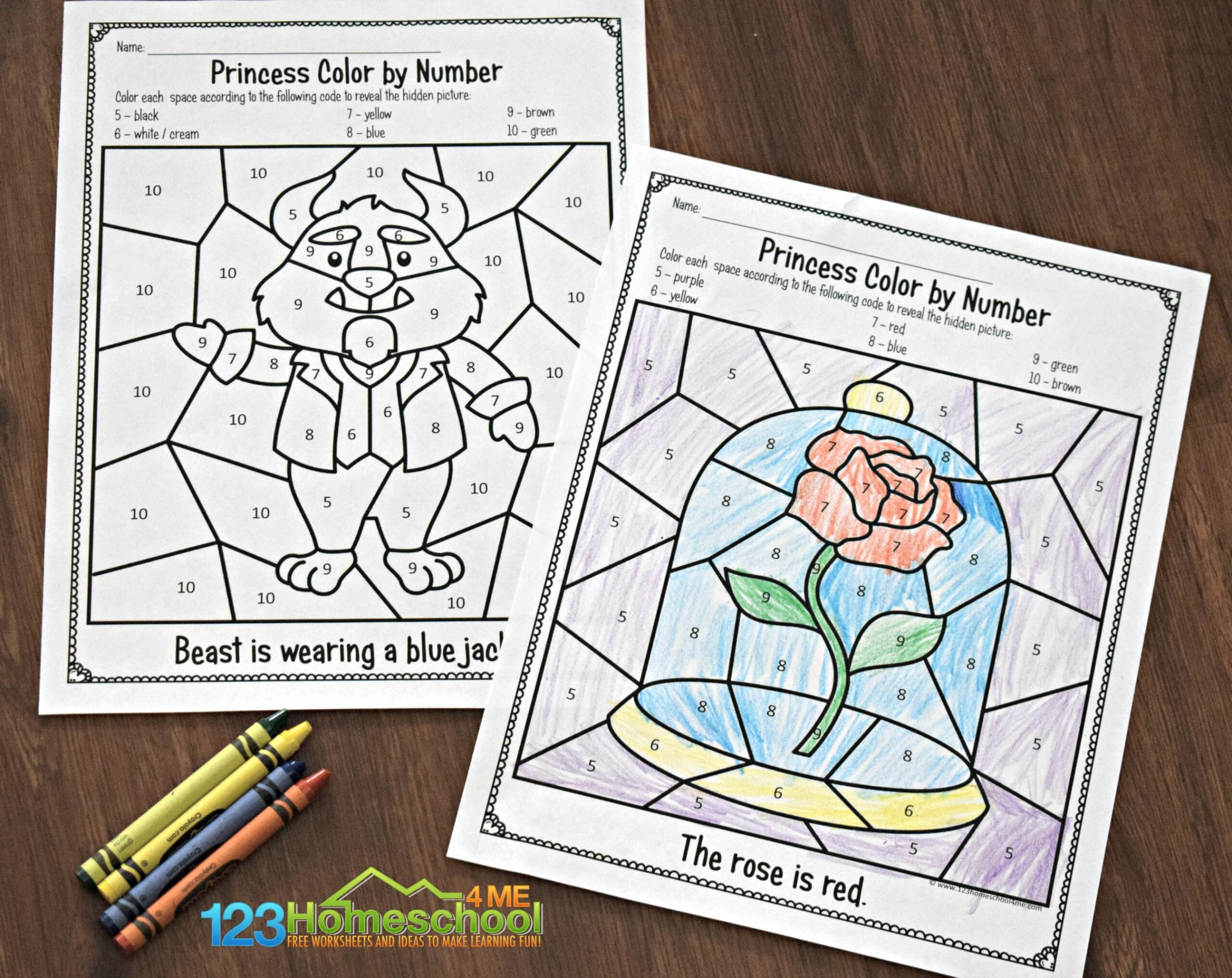 🌹 FREE Disney Beauty and the Beast Color by Number Printable