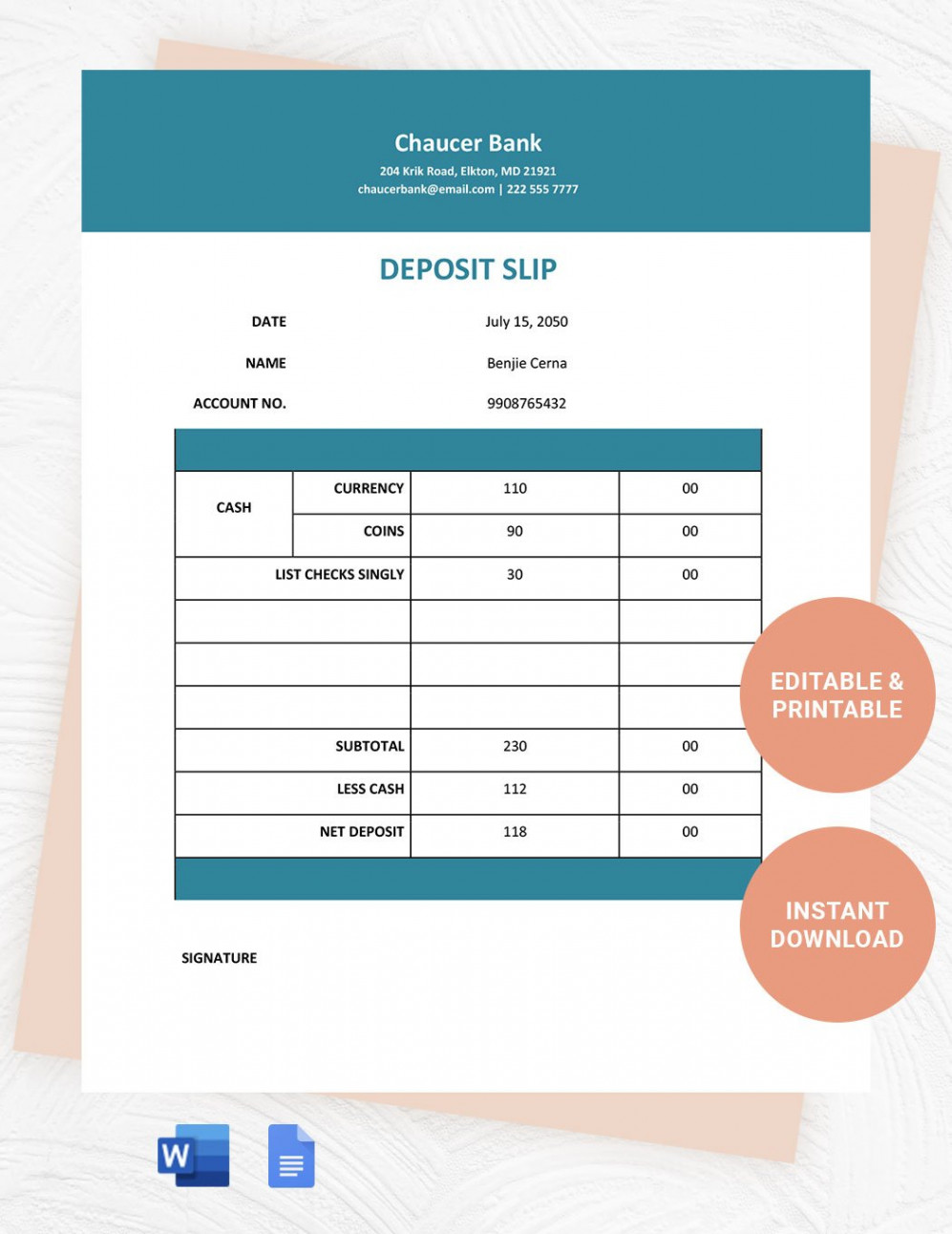 Free Printable Deposit Slip Template - Download in Word, Google