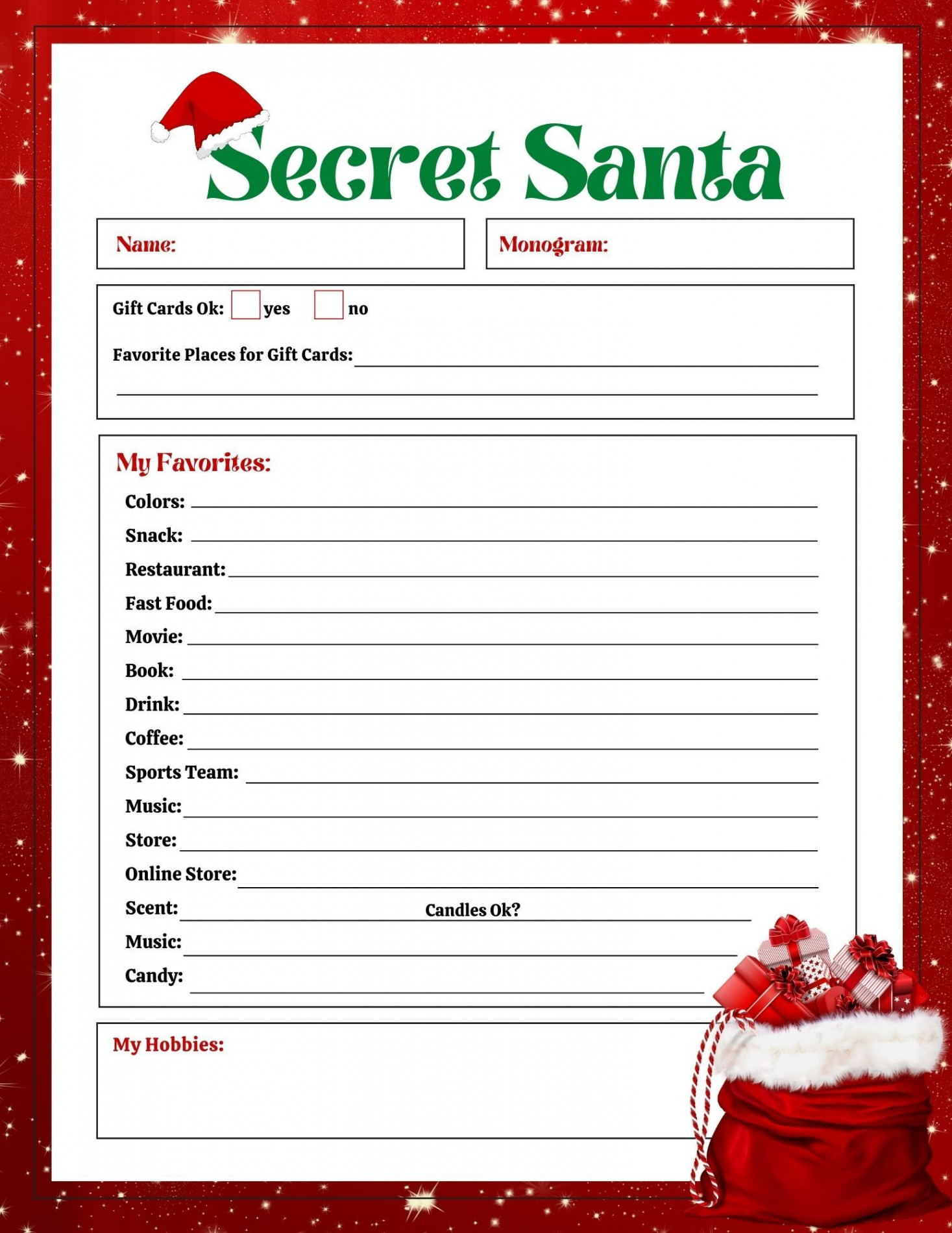 FREE Secret Santa List Printable Questionnaire:  Options