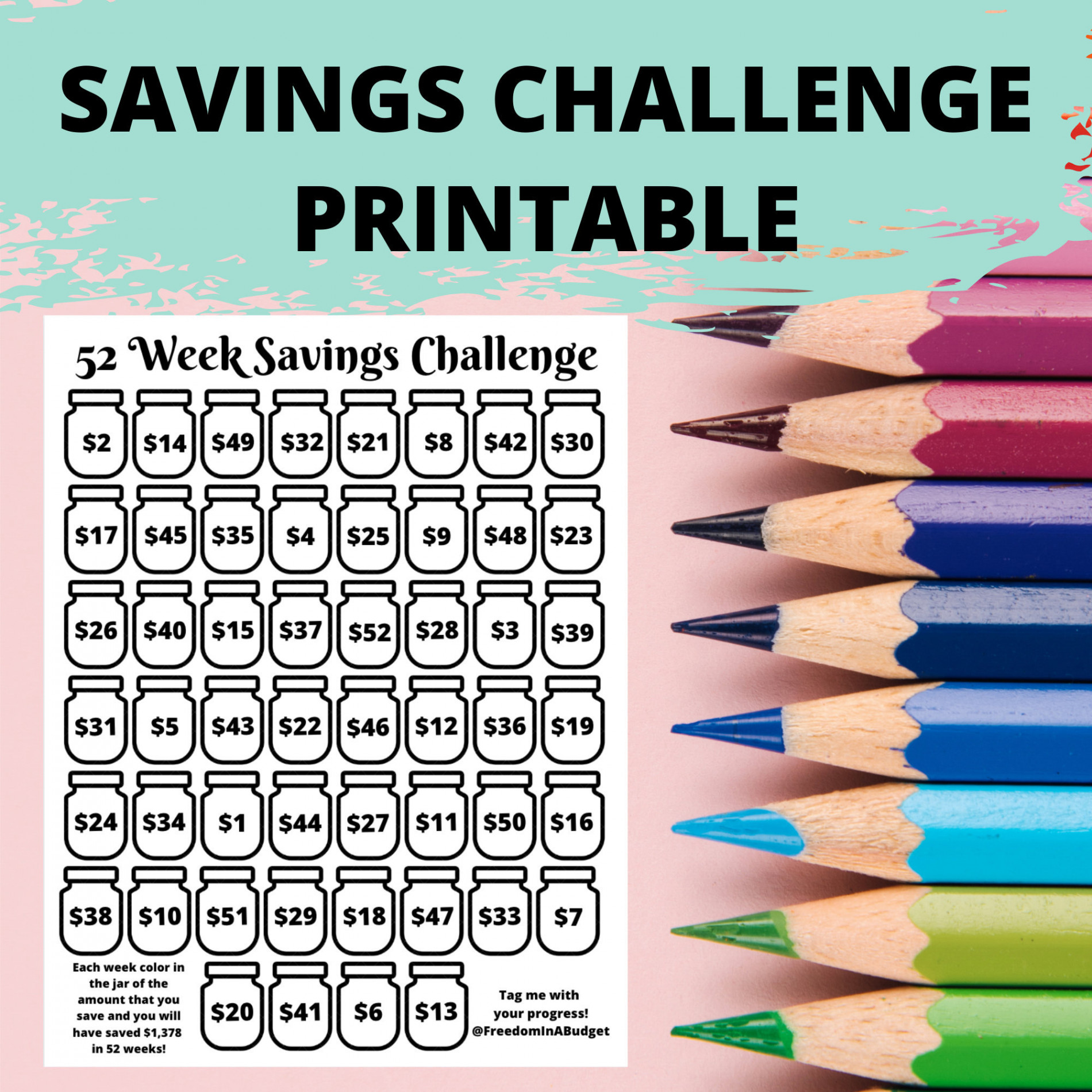 Geld sparen Challenge Printable  Week Savings Challenge Spar