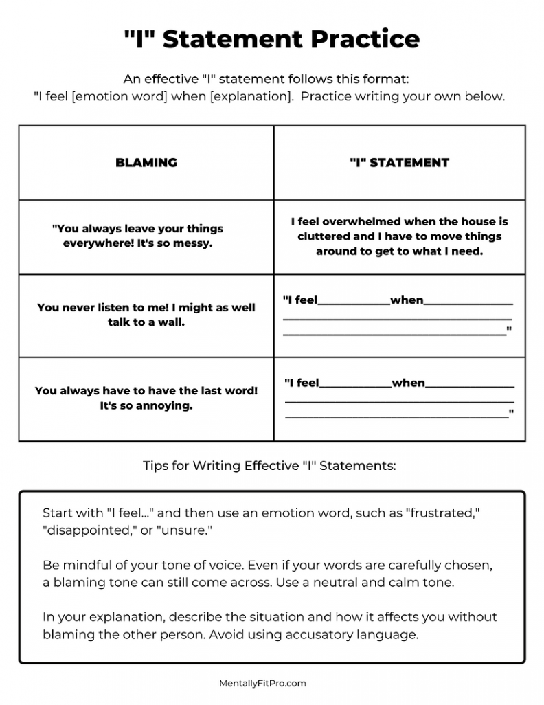 I" Statements Worksheet  Mentally Fit Pro