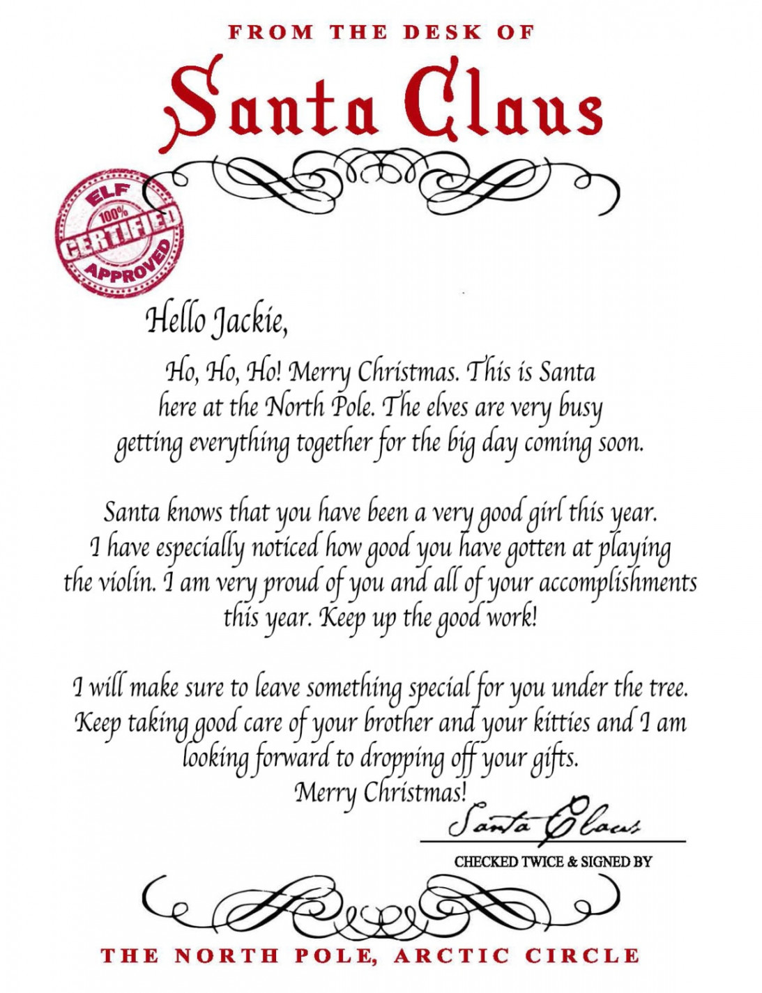 Letter From Santa Santa Claus INSTANT DOWNLOAD Printable PDF With