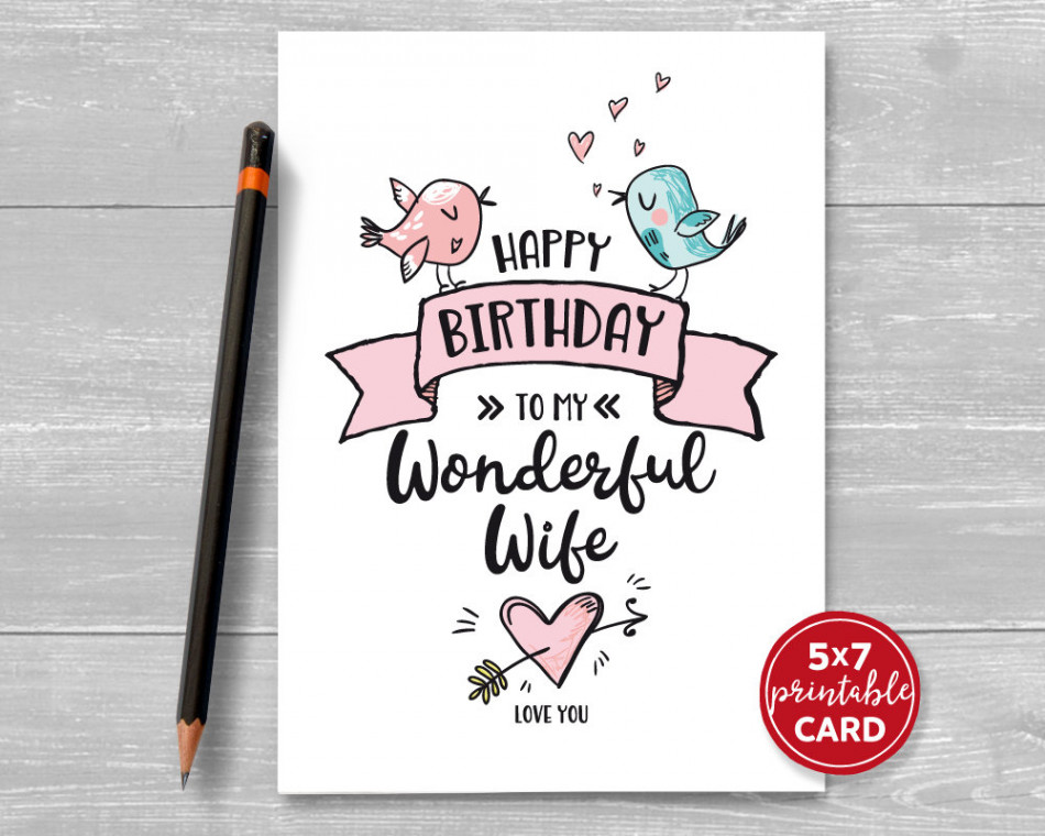 Printable Birthday Card For Wife - Happy Birthday to my Wonderful Wife with  Love Birds - "x"- Includes Printable Envelope