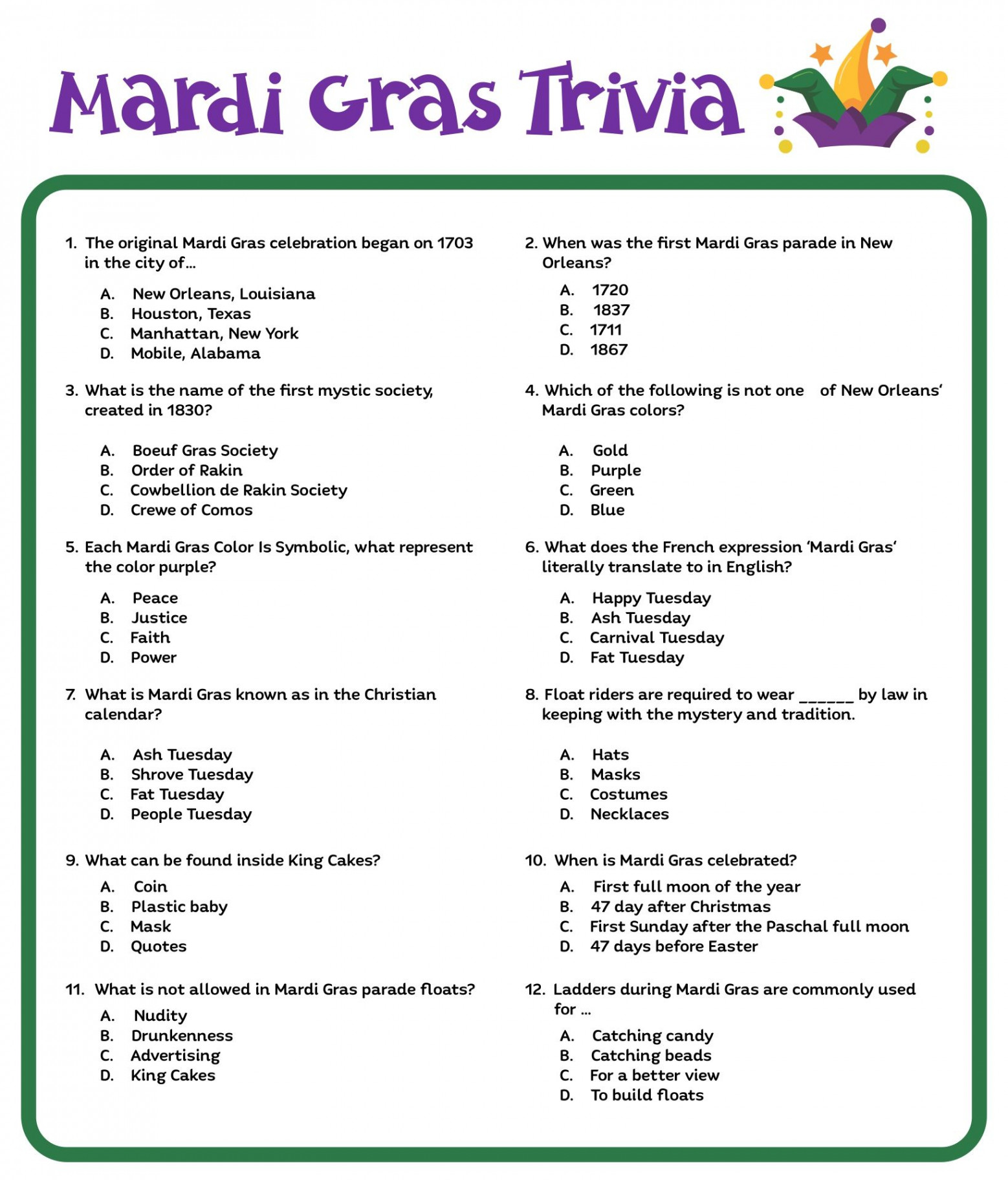 Printable Mardi Gras Trivia Questions  Christmas song trivia