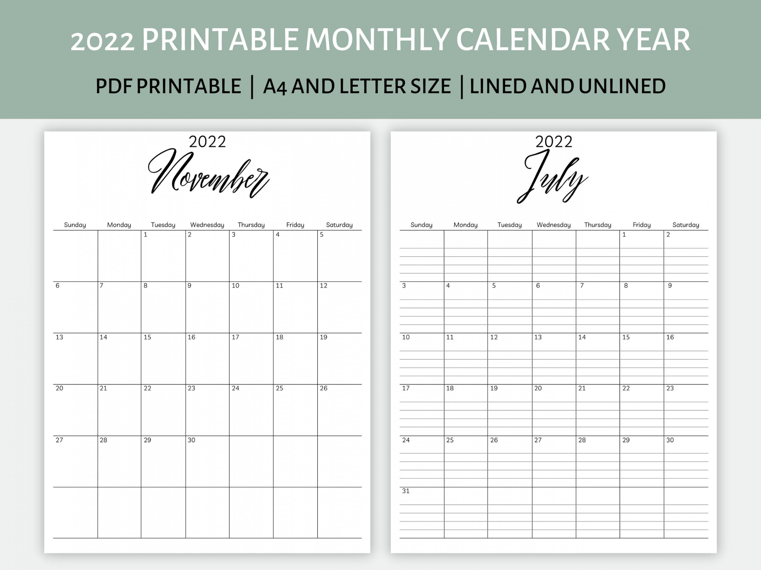 Printable Monthly Calendar Year  Calendar Year Lined and