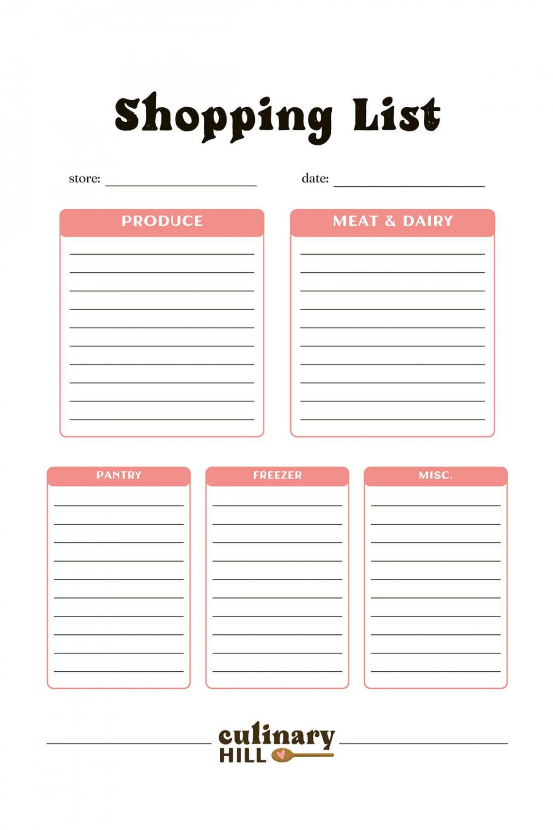 Shopping List Template - Culinary Hill