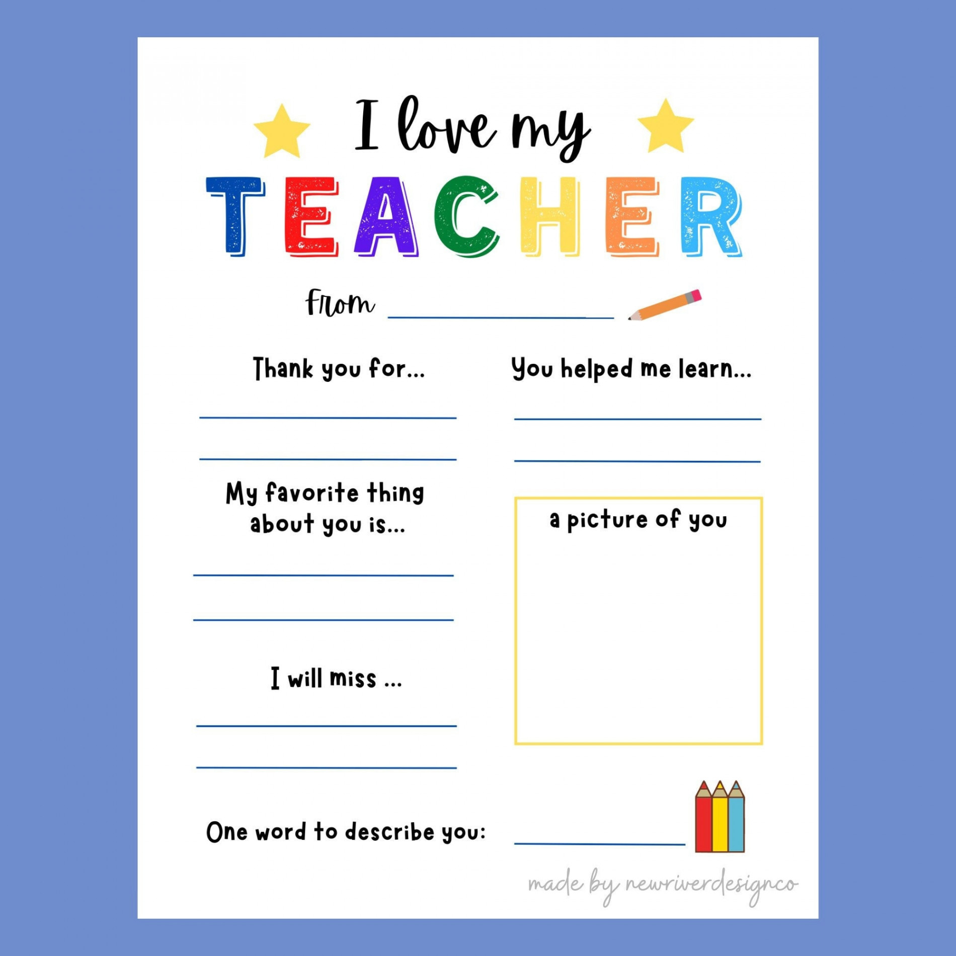 Teacher Thank You Printable, I Love My Teacher, Teacher