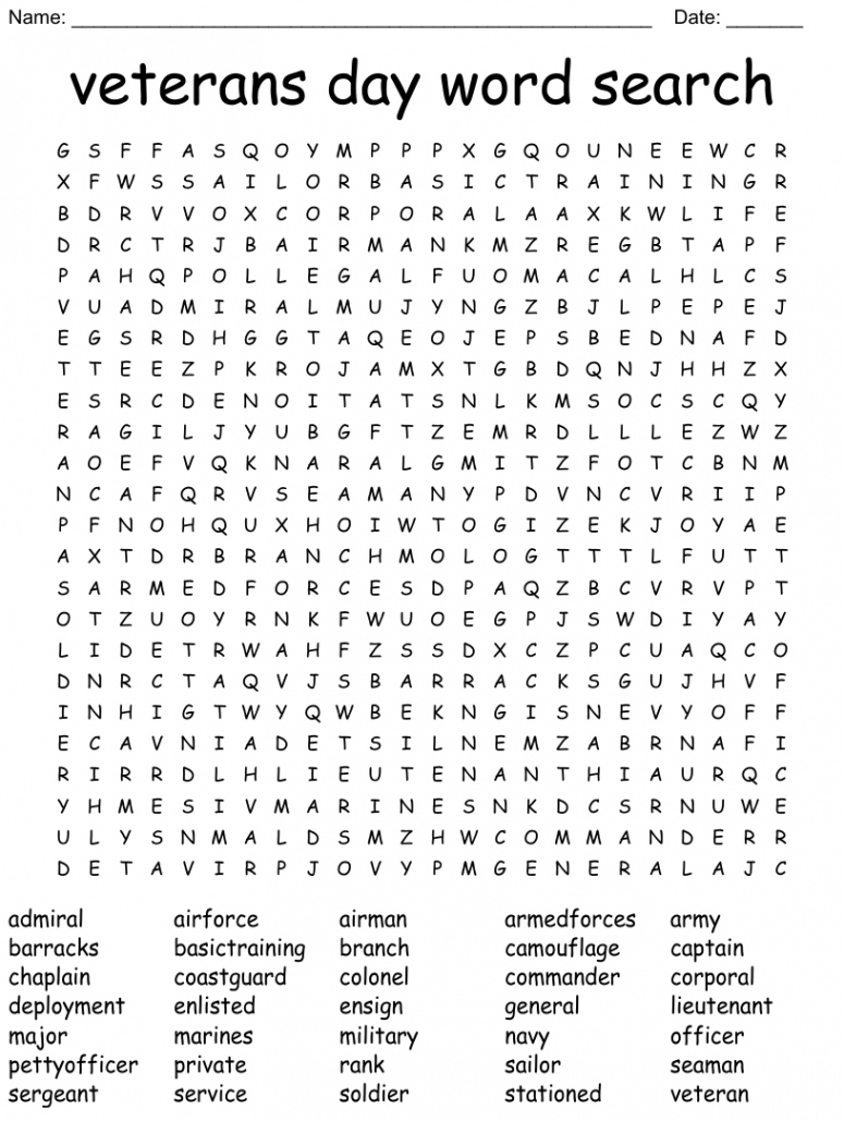 Veterans Day Word Search - WordMint