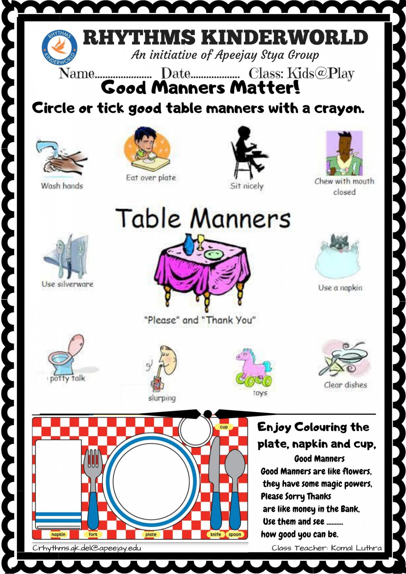 Worksheet on Good Manners